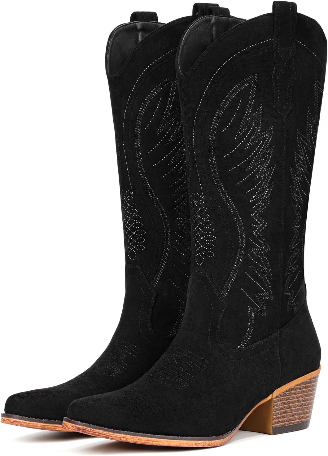 Suede Cowboy Boots for Women Mid-Calf Embroidery Cowgirl Boots Retro Snip Toe Western Boot with Chunky Heel Black and Brown Women Boot