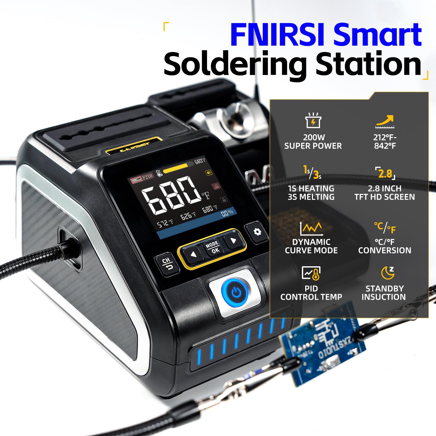 FNIRSI DWS-200 Stazione di Saldatura 200W con Display TFT, Riscaldamento Rapido, Regolazione Digitale Temperatura, 3 Punte F210, 2 Bracci Flessibili
