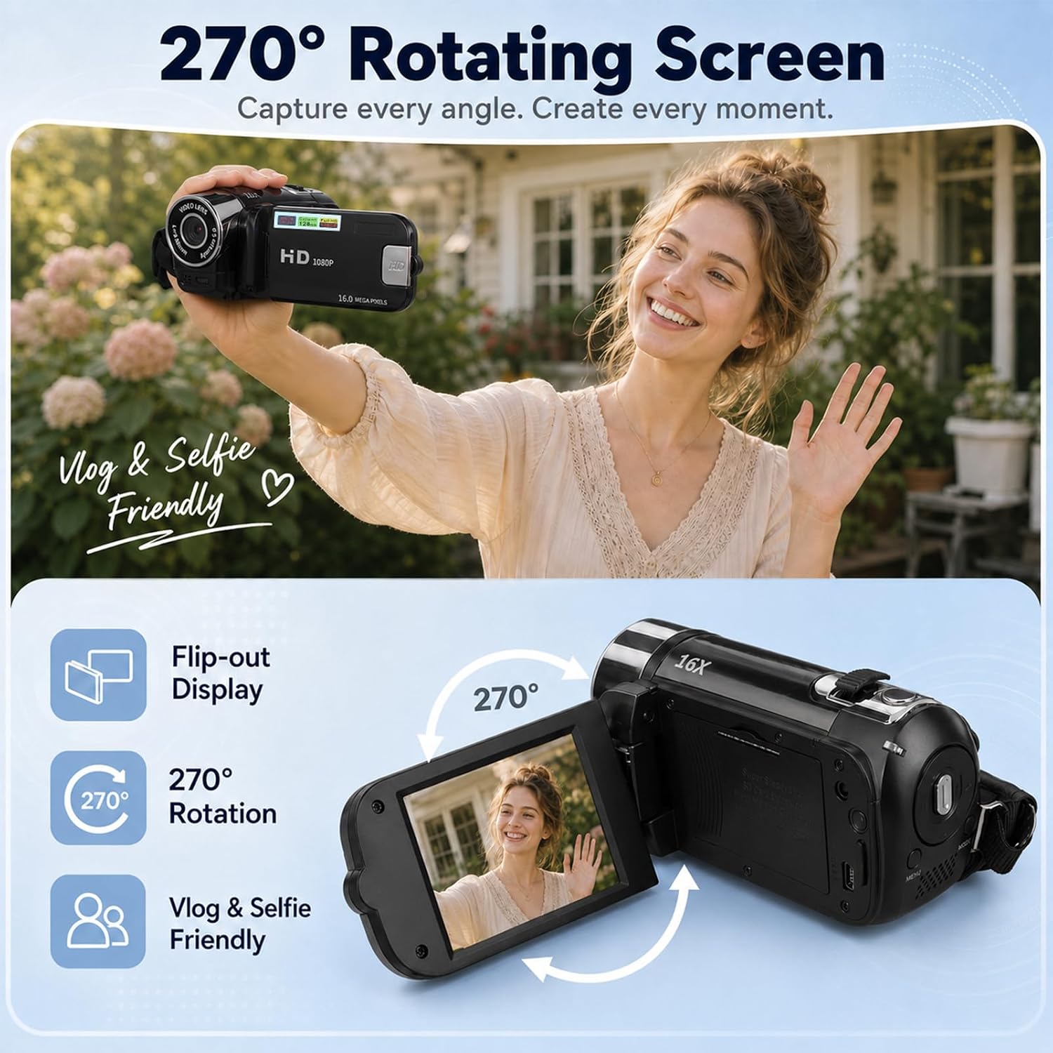 Portable Digital Camcorder, 1080P DV Camera Vlogging Recorder, 2.7-inch LCD Screen, 16x Digital Zoom, and Built-in Battery with 32GB Card for Beginners(Black)