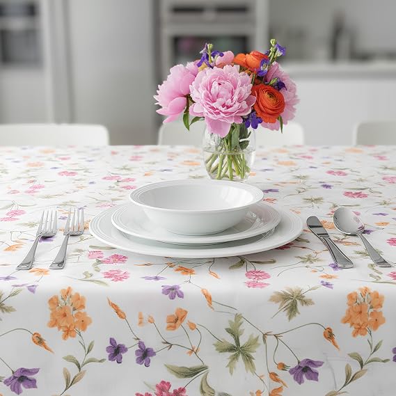 Baskılı Yıkanabilir 140 x 140 cm Masa Örtüsü Mutfak Bahçe Piknik Masa Örtüsü I Pembe Ağırlıklı Çiçek Desenli