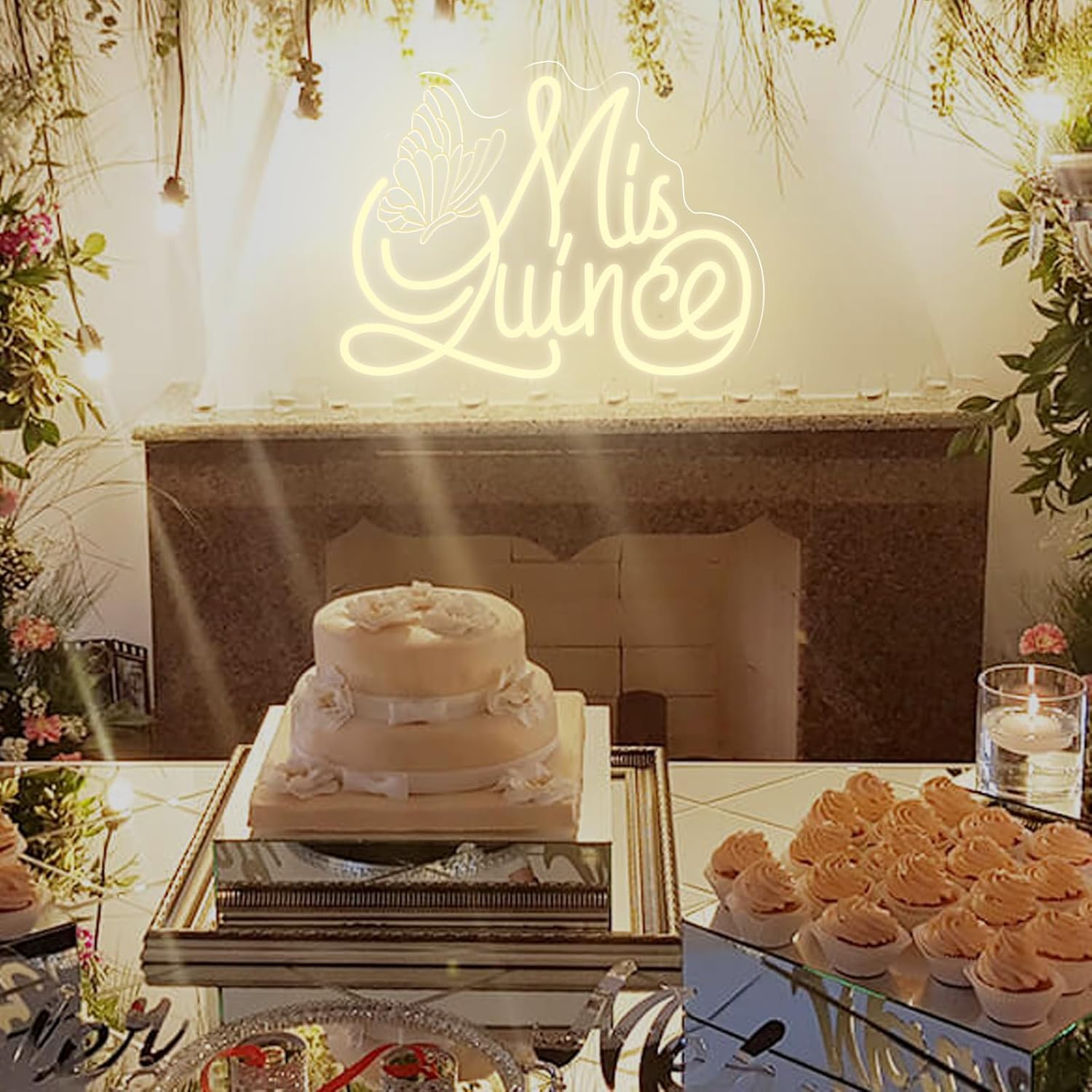 Mis Quince Neon Sign with Engraved Butterfly Design, Warm White Dimmable LED Light for Quinceañera Decorations, Sweet 15 Birthday Party Wall Decor 16.5″ ×12.6″