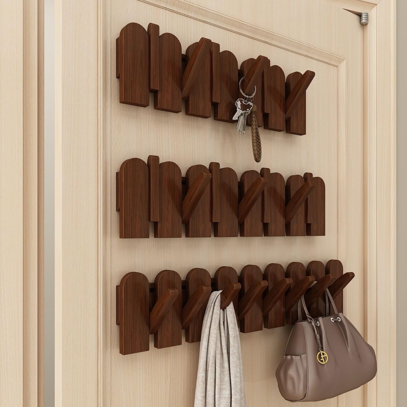 NEPHRA Perchero de Pared de Madera Plegable con Ganchos Abatibles Estilo Tecla de Piano, Perchero Pared de Haya, Organizador para Ropa, Llaves, Sombreros, Toallas, Bolsos(Raw wood,12 hooks)