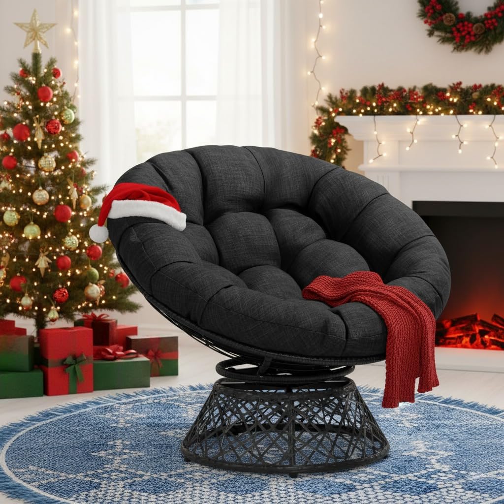 Bme Papasan Chair with Cushion Stone Chair, Metal Frame Covered in Resin Woven with Fabric Cushion, Onyx Stone