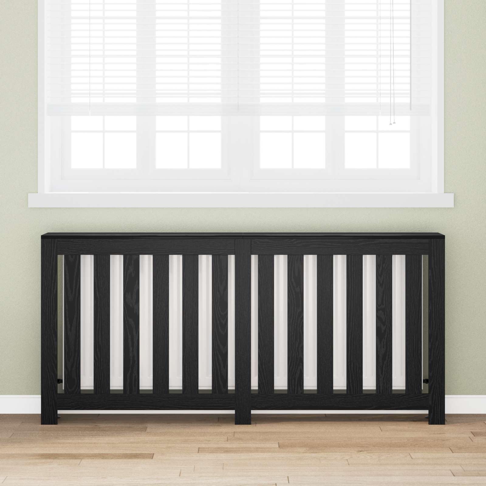 Heizkörperabdeckung Schwarz Eichen-Optik aus Holzwerkstoff 175 x 20 x 82 cm mit oberem Regalfach für Wohnzimmer und Bad, vertikales Latten Design für Wärmefluss