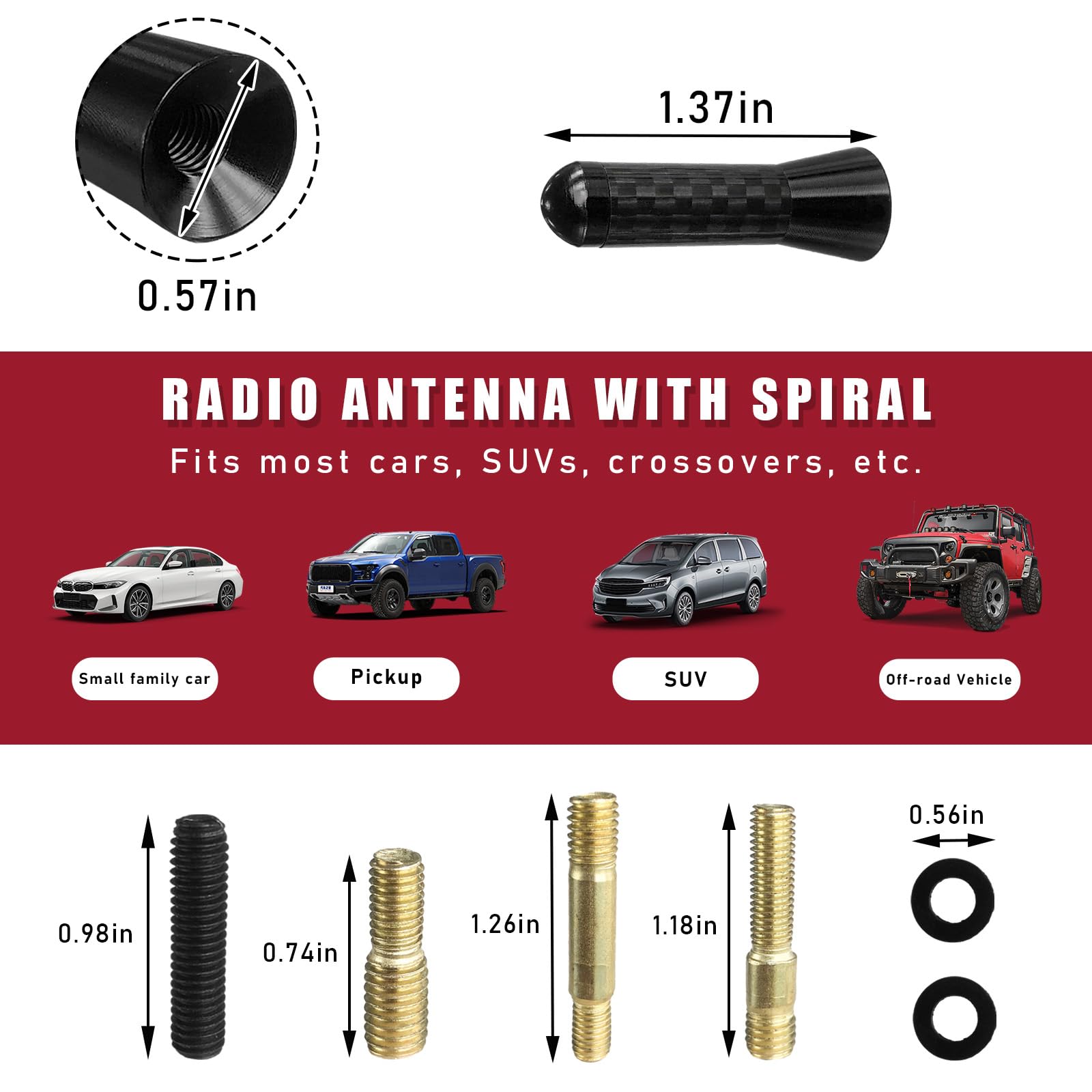 Dickno Car Short Antenna, 1.37'' Aluminum Radio Antenna Mast Replacement, Carbon Fiber Auto AM/FM Radio Reception Antenna with Screws, Vehicle Roof Mini Aerial Antenna for Car SUV (Black)