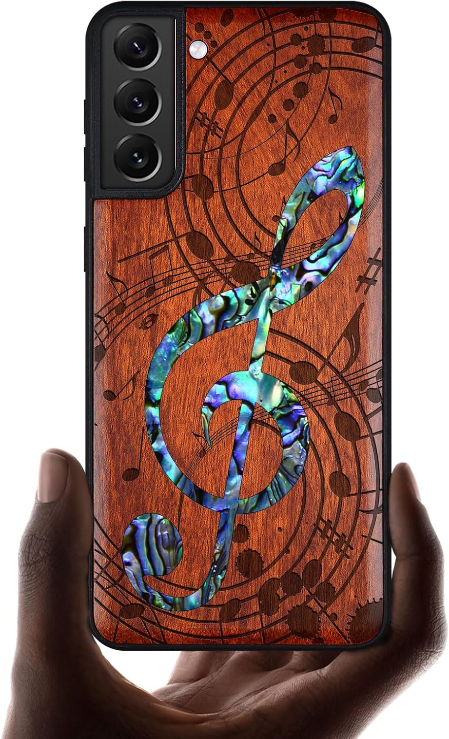 Carveit Designer Wooden Cover for Samsung Galaxy S22 Plus Case [Wood Engraving & Shell Inlay] Compatible with Wireless Chargers Galaxy S22 Plus (Musical Note-Rosy)