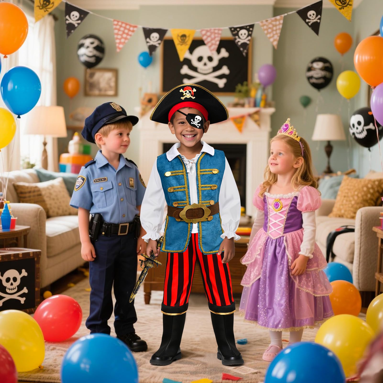 Disfraz Pirata Niño con Pirata Accesorios Sombrero Parche Brújula Bolso Mapa Pendiente Disfraz de Halloween Carnaval para Niños Infantil 3 4 5 6 7 8 9 10 11 Años