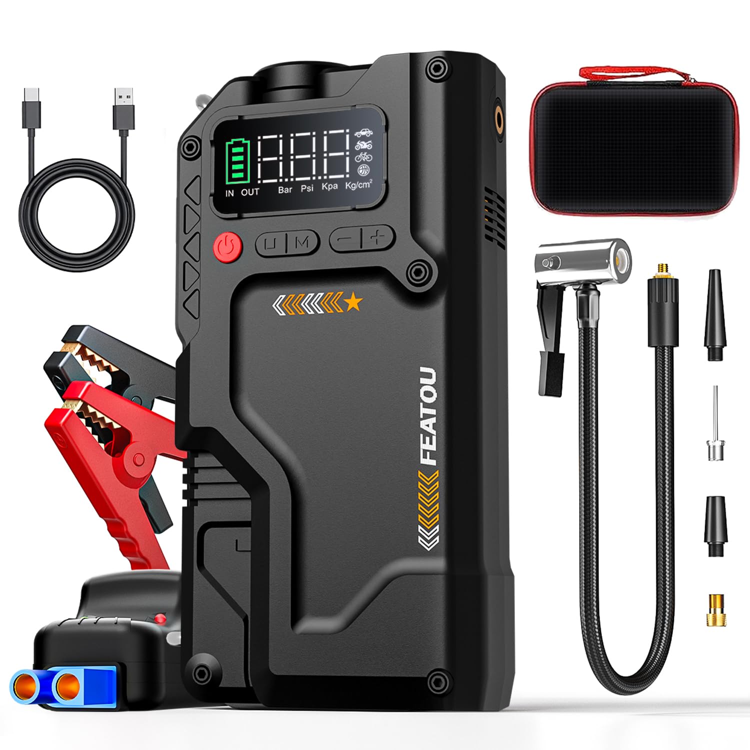 Starthilfe Powerbank mit Kompressor 6500A, Auto Starthilfe 12V für pkw mit Luftpumpe, Auto Starter Batterie Booster Powerpack(für 9.0L Benzin/8.5L Diesel) mit Starthilfekabel, 500 Lumen LED (Black)