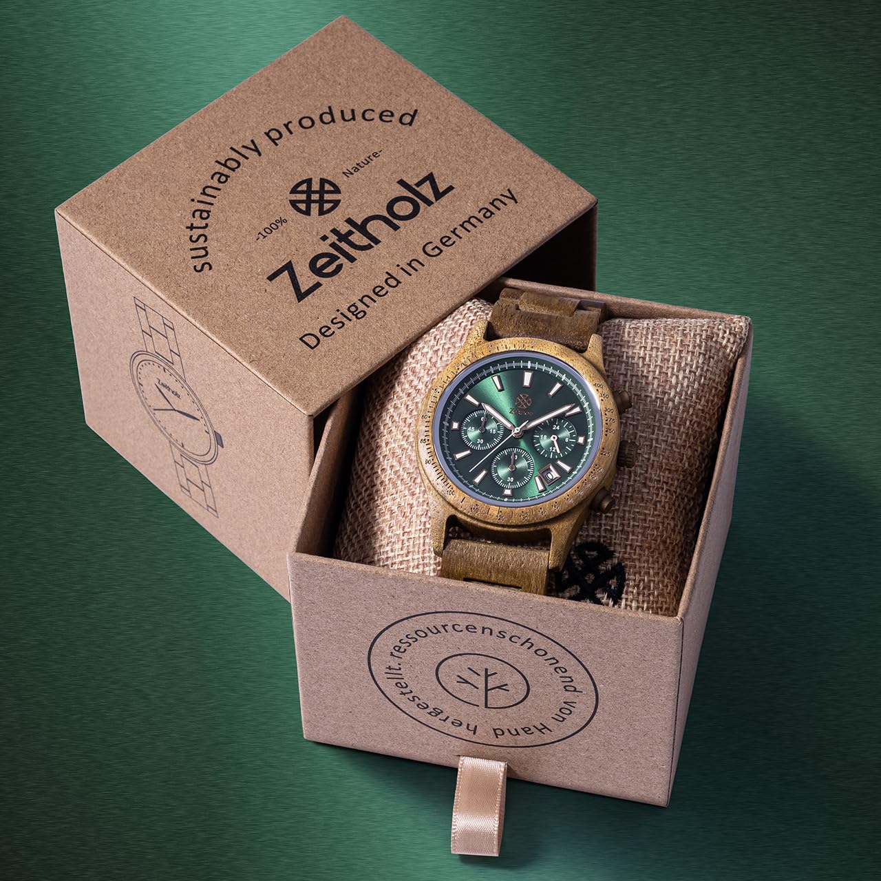 Orologi in Legno per Uomo, Orologio di Legno, Regali, Orologio Cronografo, Analogico, Calendario. Nuovo Bergen 42mm, Legno Naturale al 100% con Movimento al Quarzo Giapponese