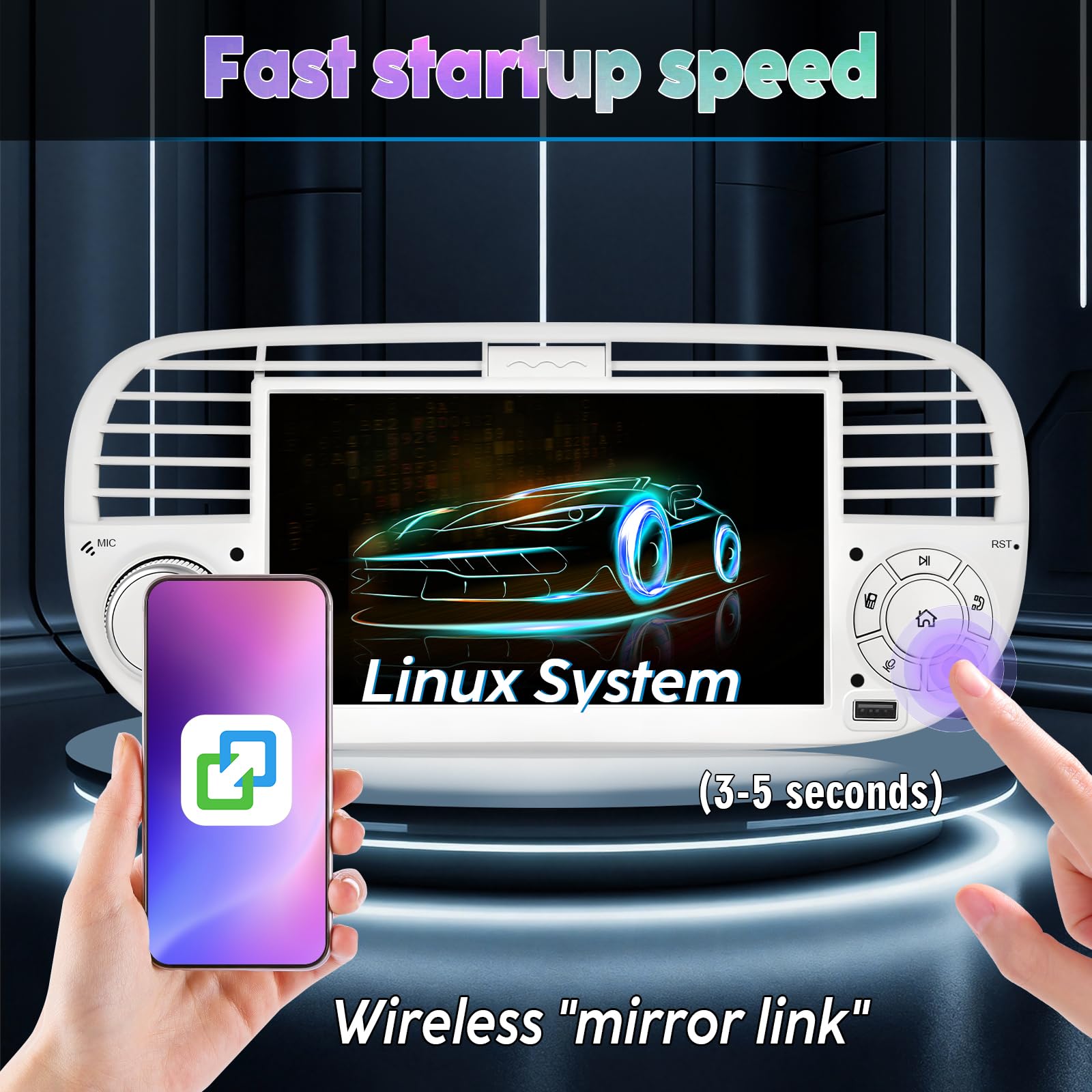 Autoradio con Sistema Linux e schermo IPS da 7 pollici, compatibile con Fiat 500 (2007-2015)| CarPlay & Android Auto wireless integrati | Supporta AM/FM/RDS | con DSP/USB/Bluetooth/Microfono Bianco