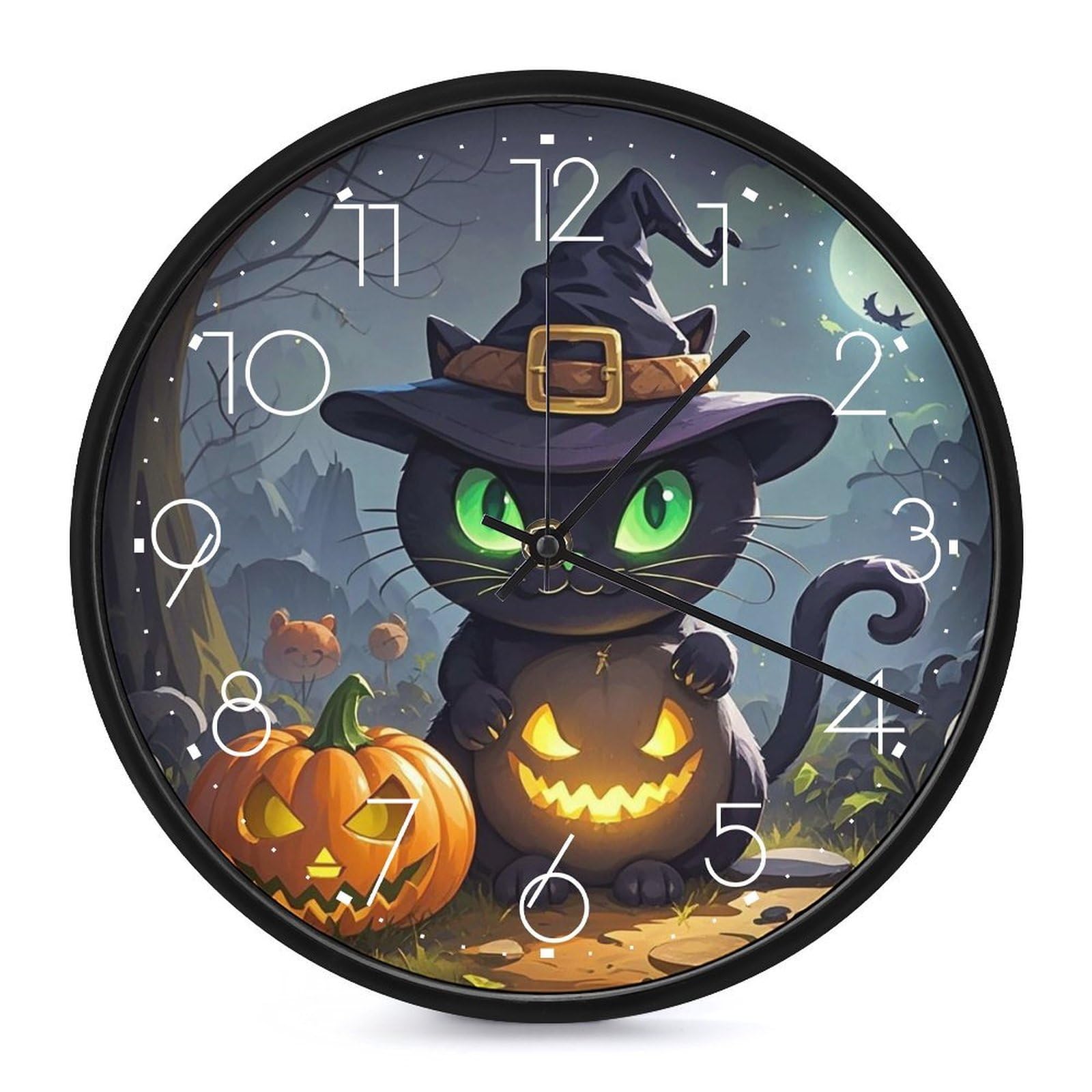 Horloge murale d'Halloween chat horloge ronde vintage 25,4 cm