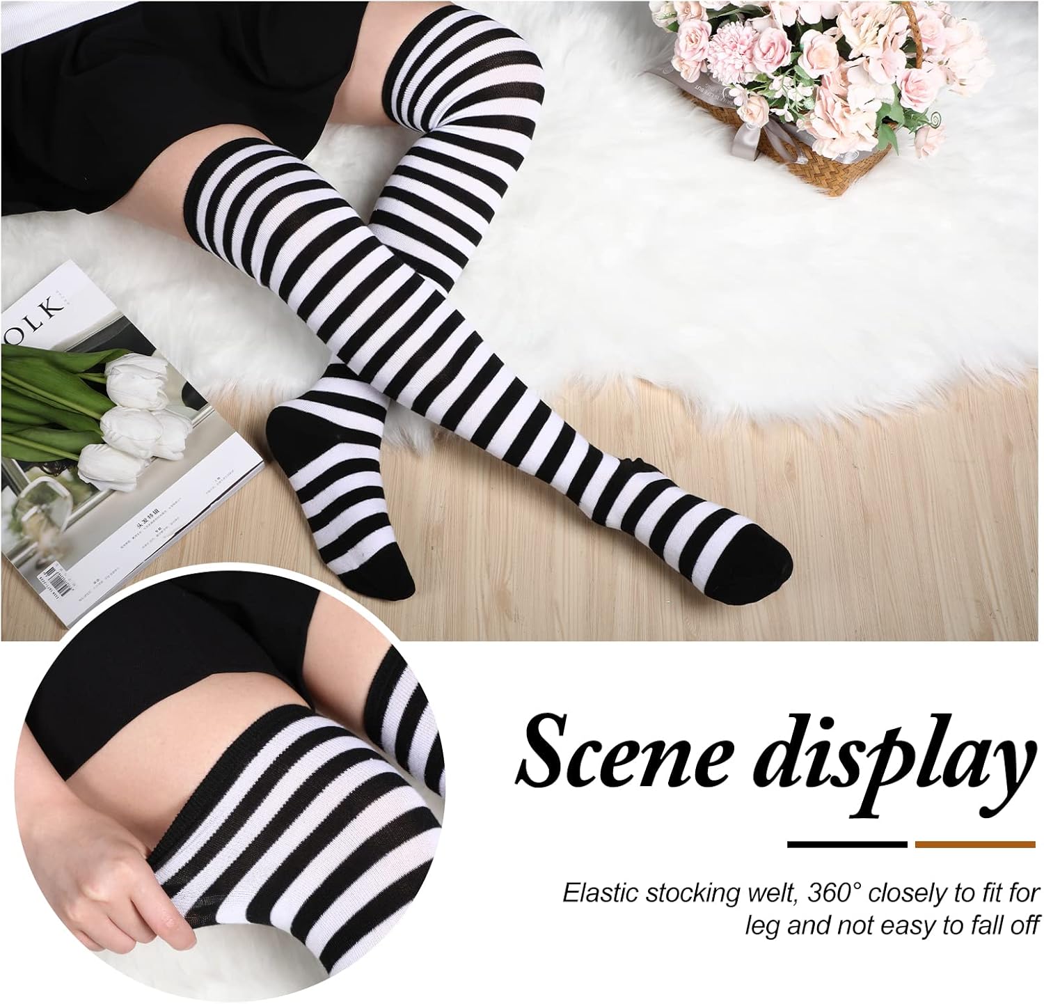 Blulu Kerstkousen voor dames, hoge gestreepte panty, over de knie, gestreepte lange kousen, Zwart-wit, 39-42 EU