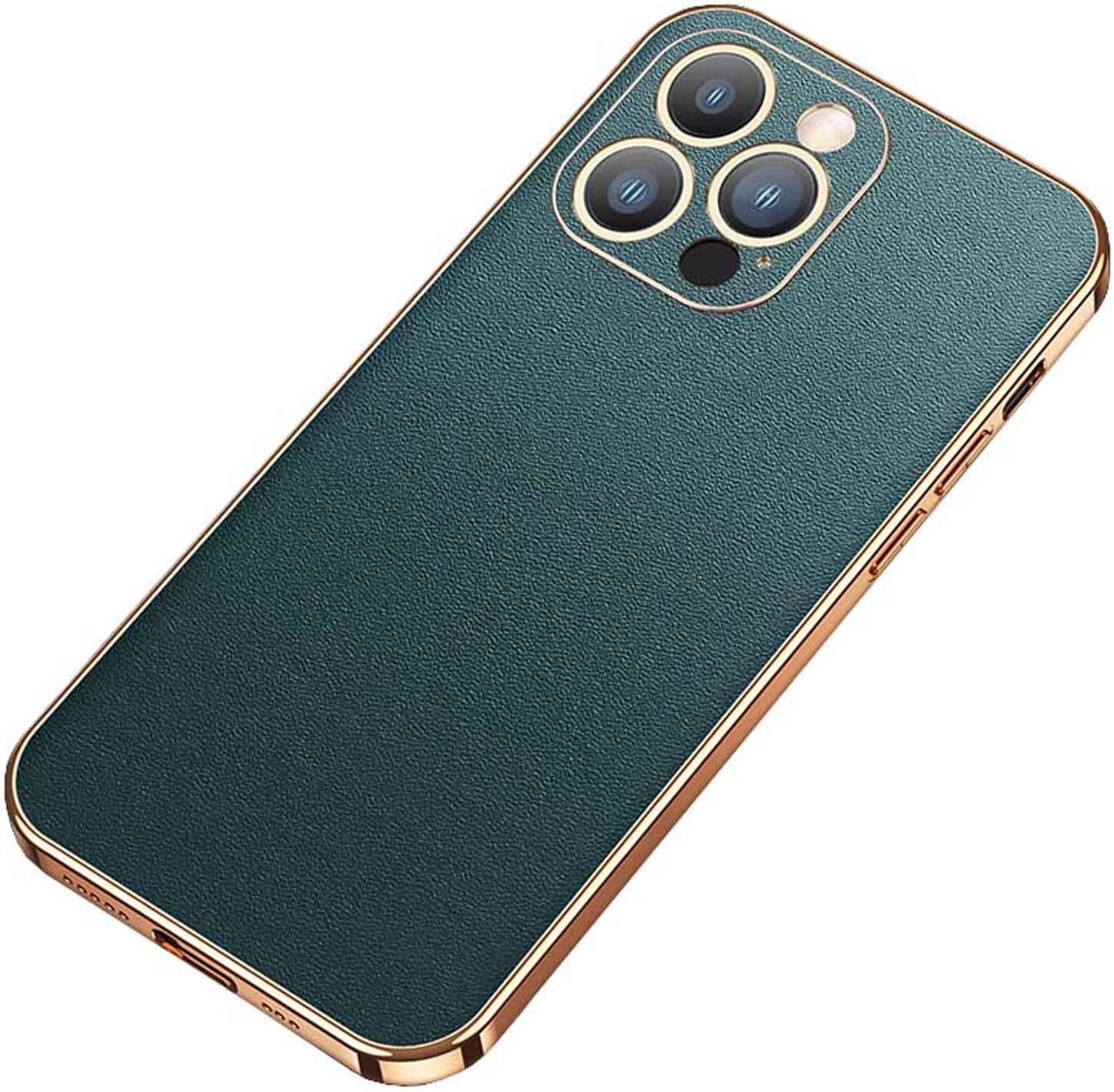 Étui iPhone 14 chic en cuir cyan GUMMMY avec bordure dorée antichoc haut de gamme