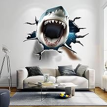 3D White Shark Wall Decal | Realistic Shark with Open Jaws Wall Sticker | Hole with Cracks Ocean Themed Home Decor | Living Room Portal