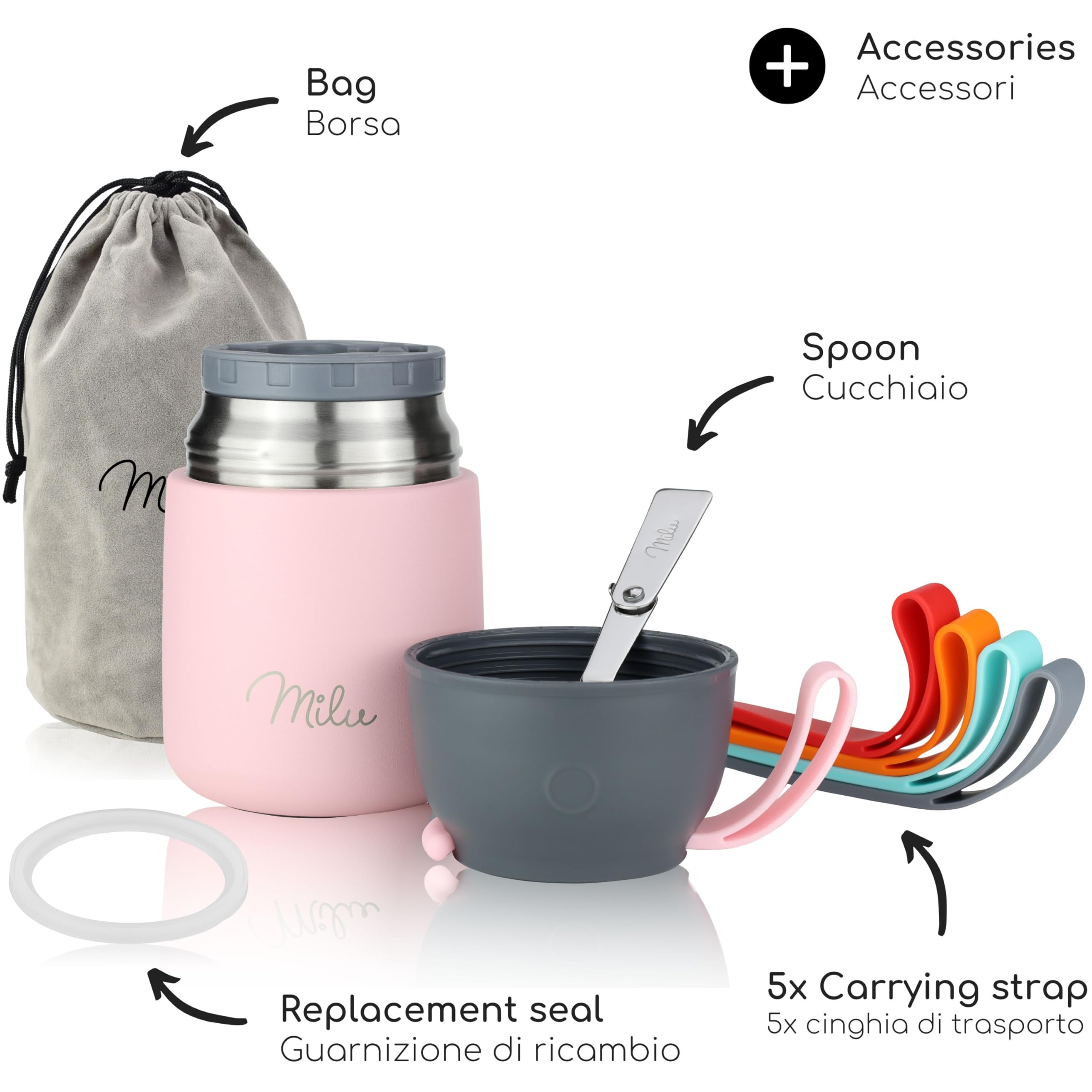 Milu Thermo per Alimenti 300ml 440ml 450ml 650ml 800ml I Contenitore Termico di Acciaio Inossidabile, Isotermico Sottovuoto per Cibi Caldi e Freddi (Rosa, 450ml)