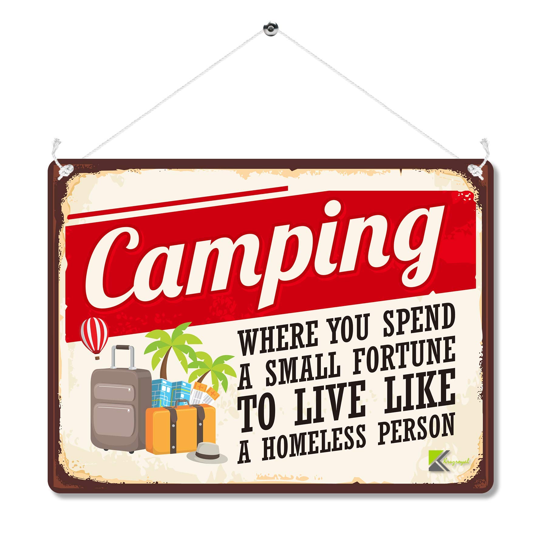 Kruzroyal Funny Camping Metal Wall Sign, Spend A Fortune Novelty Plaque Gift, Humorous Retro Tin Decor For Campervan Or Caravan, 20X15cm Mp008