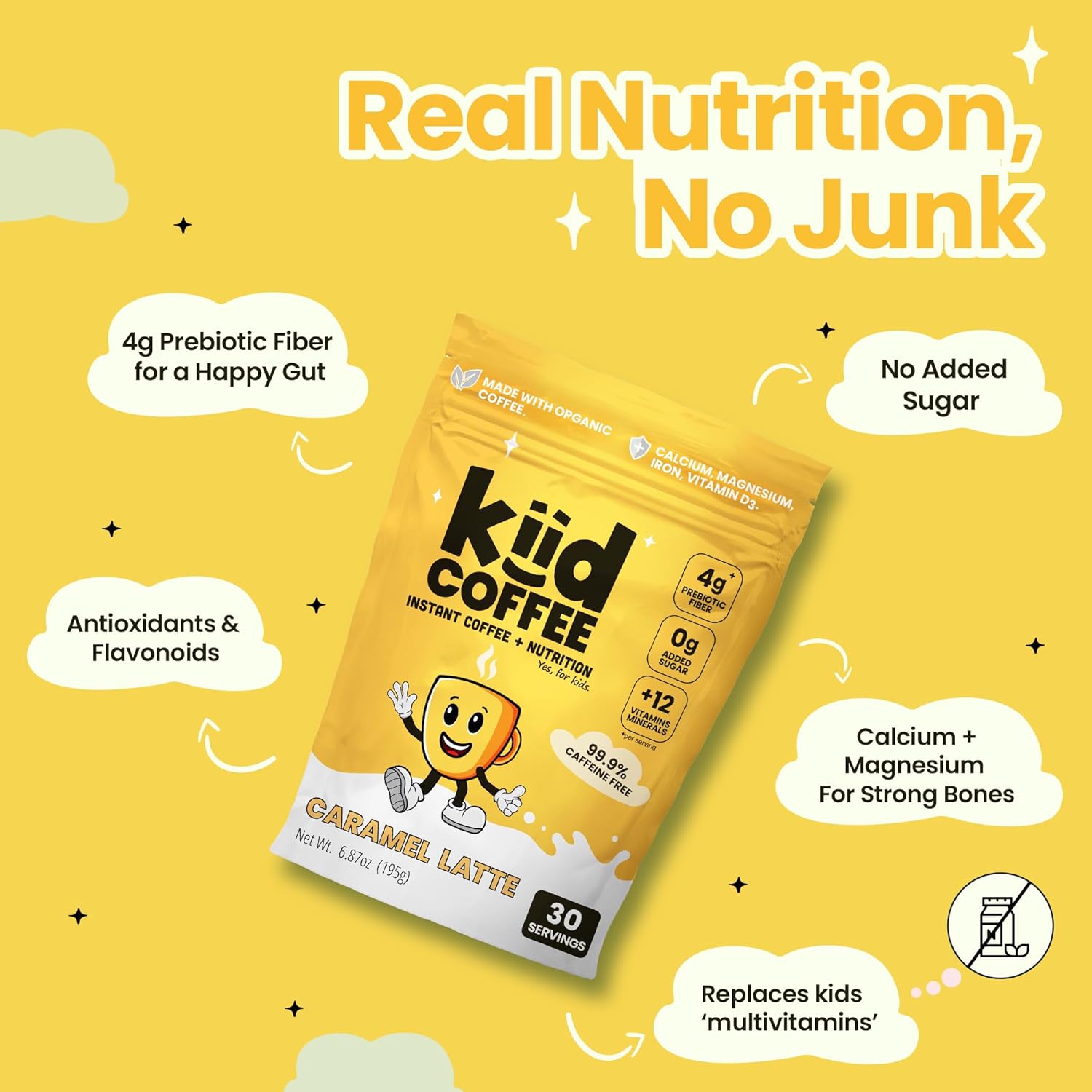 Kiid Coffee - 99.9% Caffeine-Free Organic Coffee for Kids - As Seen on Shark Tank - 12 Vitamins & Minerals, 4g Prebiotics, 0g Sugar - Non-GMO & Gluten-Free - Healthy Snack - Caramel - 30 Servings