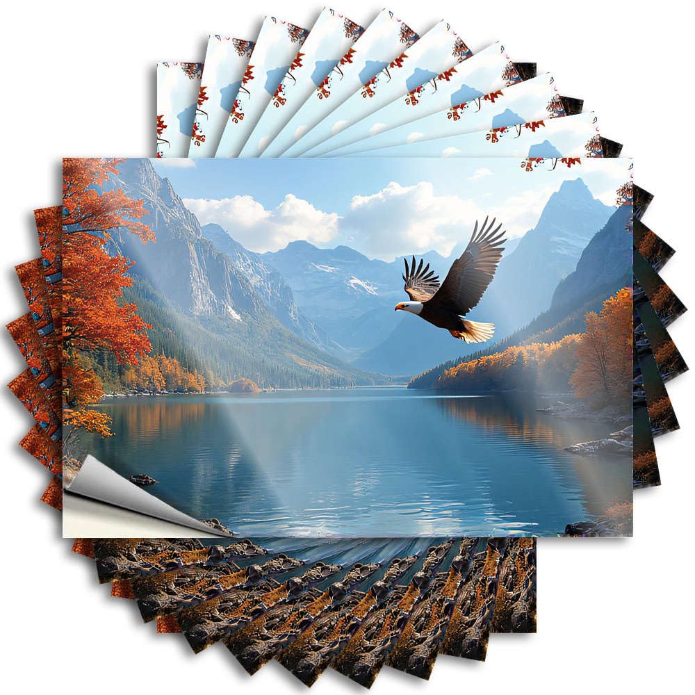 Goods Cover Decals | Eagle Soaring Over Serene Lake Surrounded By Autumn Foliage and Mountains Tiny for Taupe Decor(12X18CM)