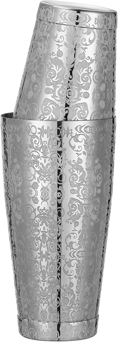 Stainless Steel Boston Shaker with Etched Pattern Weighted Shaking Tin Set (Spirit Silver)