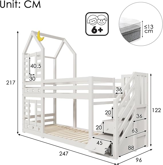 Bunk Bed with Storage, Children Cabin Bed Single Bed with Window for Kids, Twin Sleeper 190x90 cm, Solid Pine Wood, 3FT -White