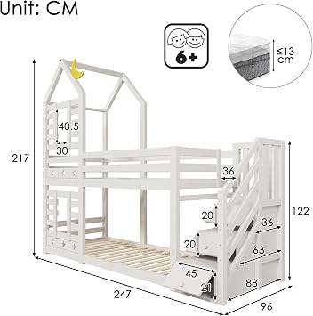 Bunk Bed with Storage, Children Cabin Bed Single Bed with Window for Kids, Twin Sleeper 190x90 cm, Solid Pine Wood, 3FT -White