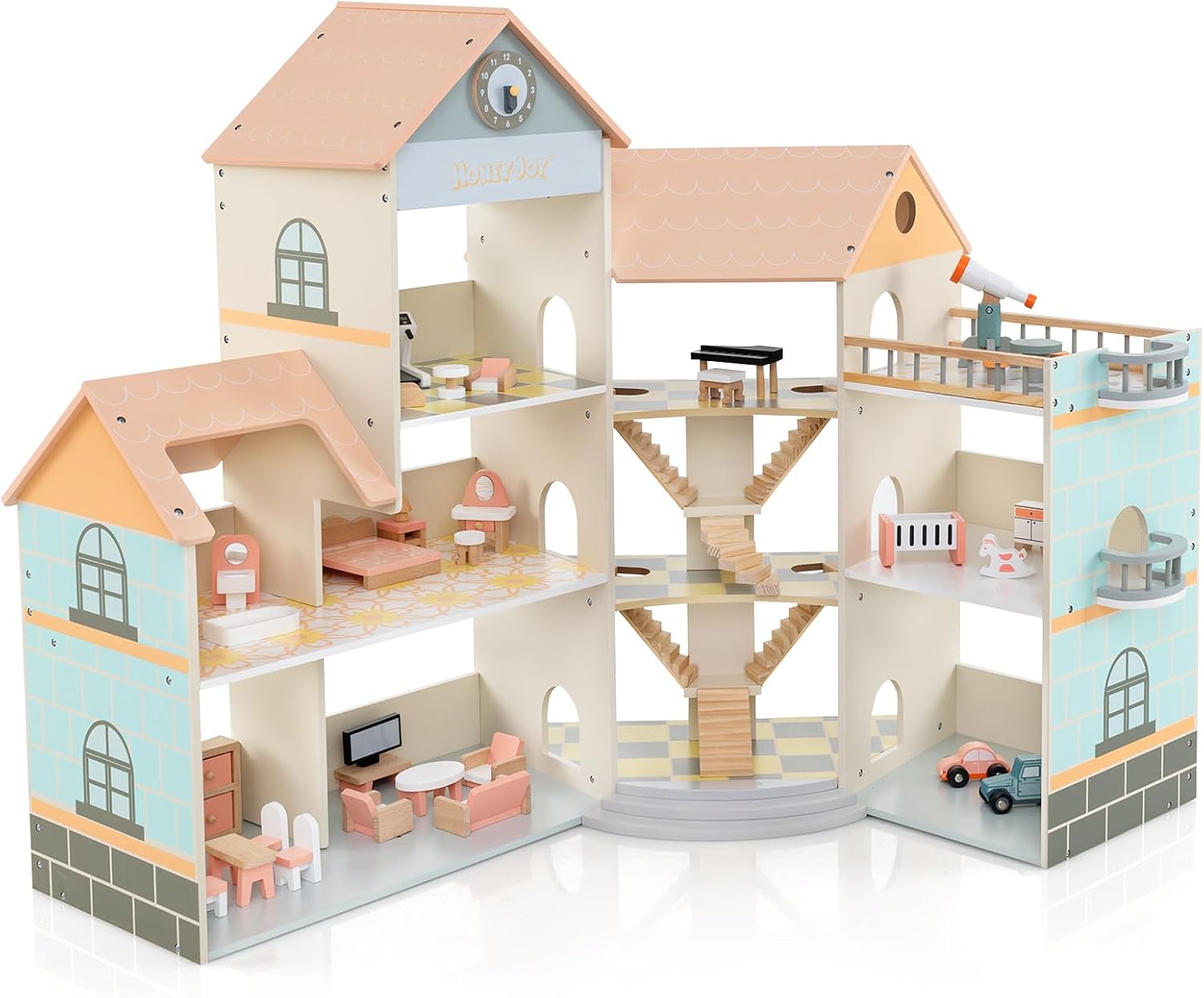 DREAMADE Wooden Dollhouse 3 Levels & Large Dollhouse with 7 Rooms & 36/42 Furniture Accessories Dollhouse for Children from 3 Years Orange 107 x 94.5 cm