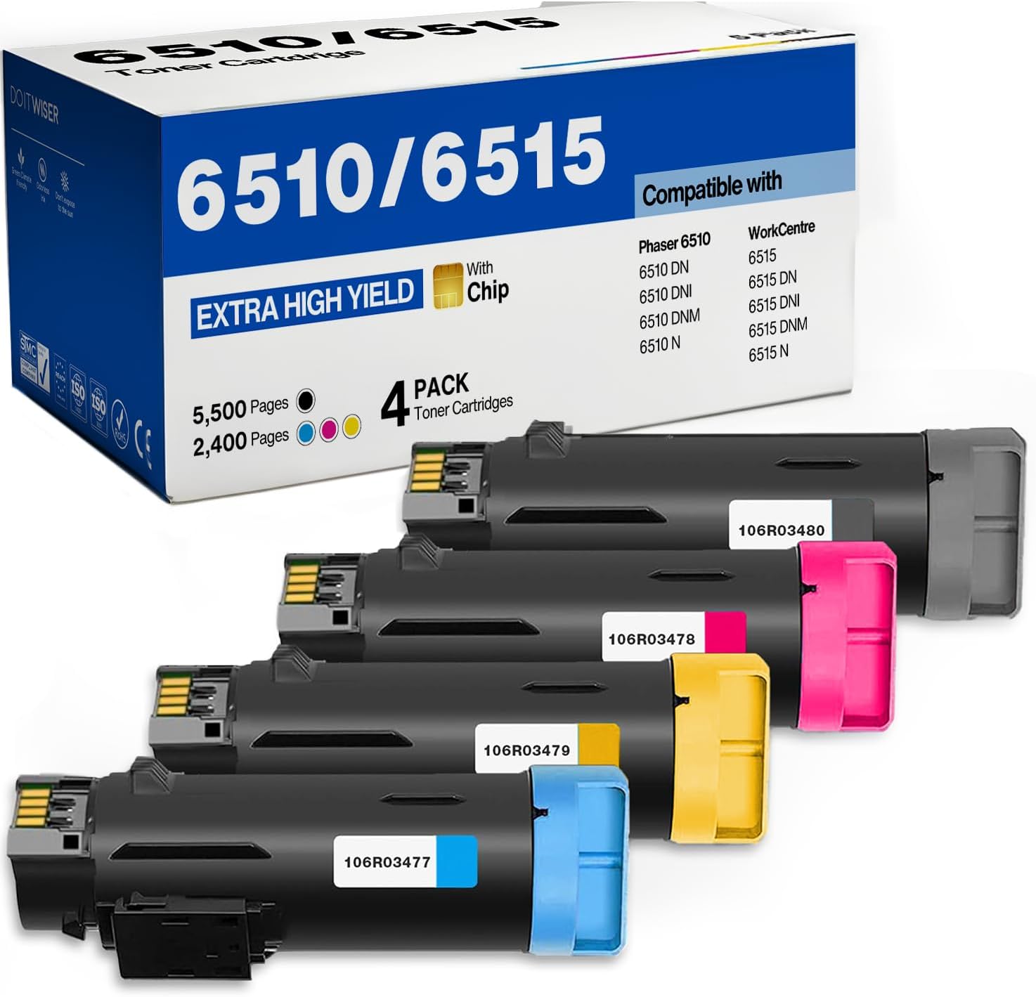 Do it Wiser Compatible Toner Cartridge Replacement for Xerox Phaser 6510, 6510dni, 6510dn, 6510n WorkCentre 6515, 6515dni, 6515dn, 6515n Printers - High Yield (Black, Cyan, Magenta, Yellow, 4-Pack)