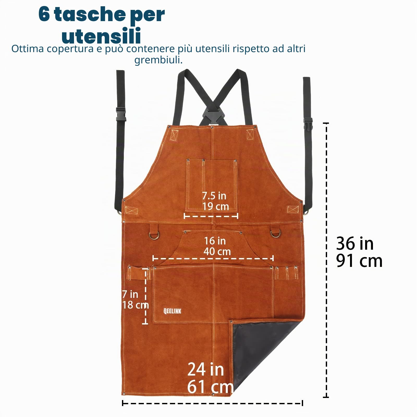 QeeLink Grembiule Saldatore in Pelle Resistente al Calore, Grembiule per Falegname con 6 Tasche, Grembiuli da Lavoro per Uomo Regolabile da M a XXXL per Fabbro, Carpentiere