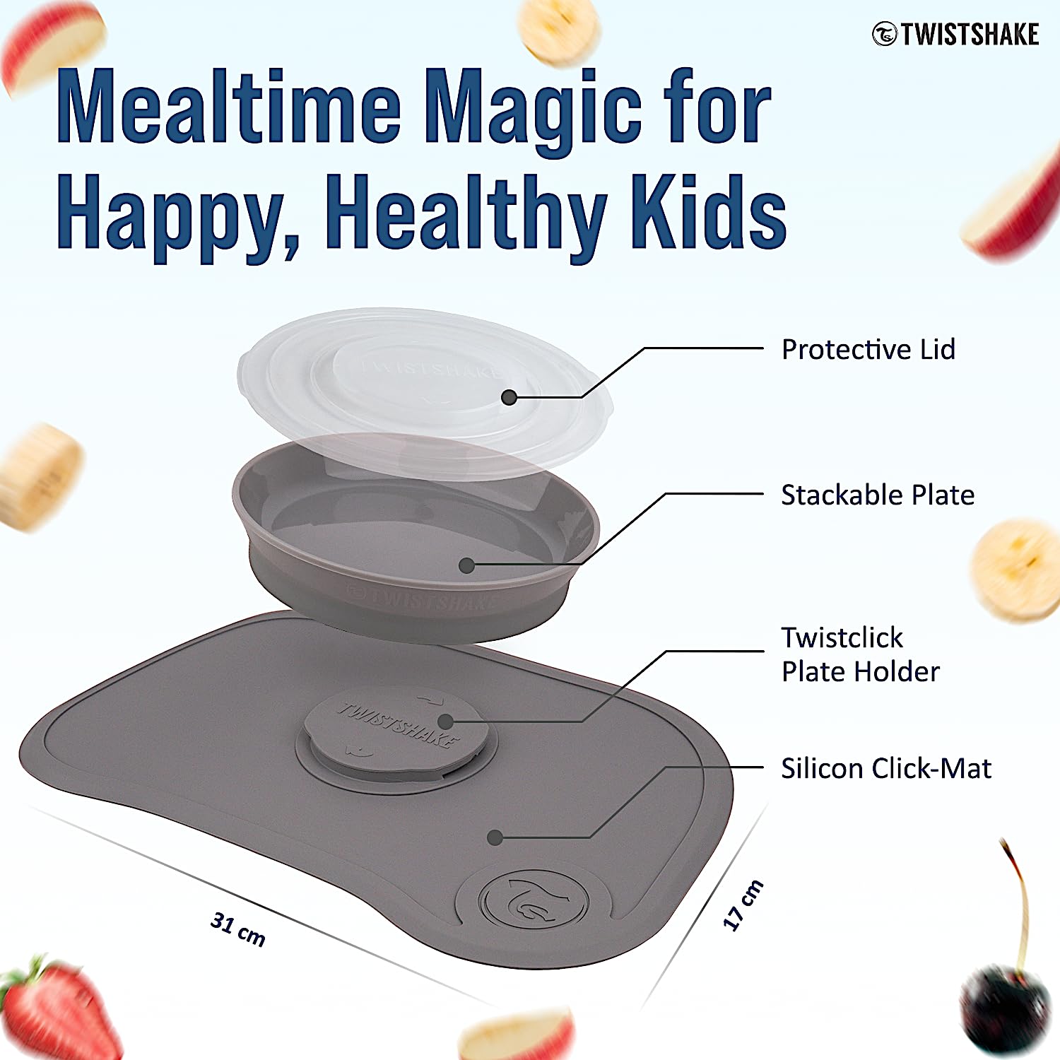 Twistshake Click-Mat Mini + Piatto Grigio Pastello | Misure 31 cm x 17 cm | Senza BPA | Per bambini a partire dai 6 mesi | Lavabile in lavastoviglie