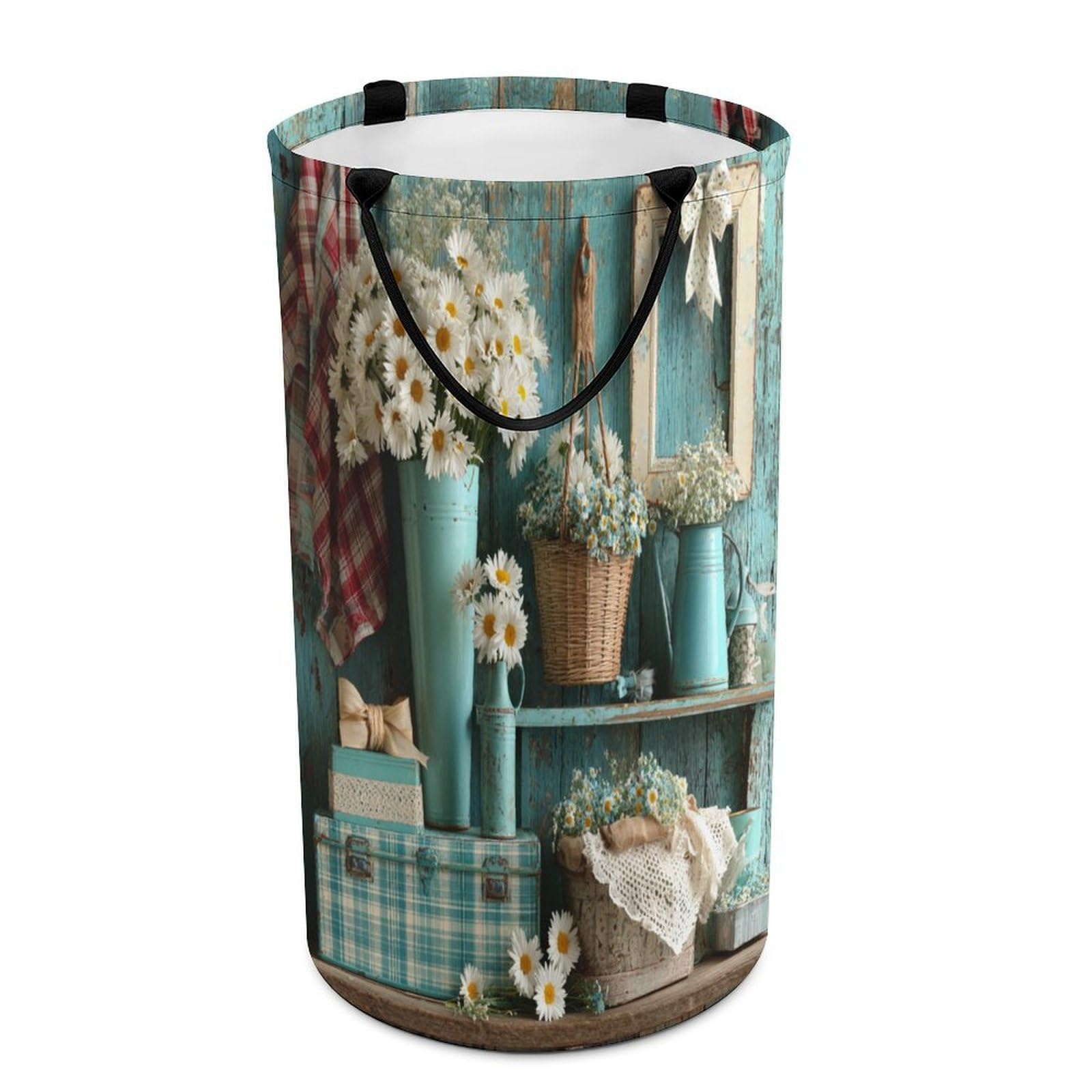 LUYYSKY Vintage Beautiful Daisy Floral Collapsible Dirty Clothes Basket, Colorful Watercolor Country Farm Farmhouse Daisies Flowers Portable Clothes Storage Basket