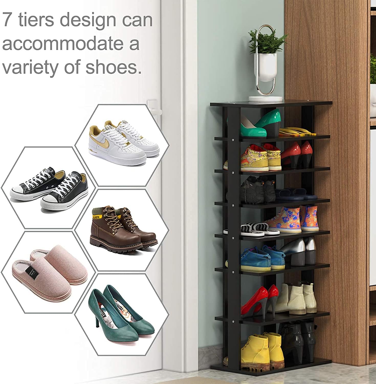 Squareful 7-Tier Wooden Shoe Rack, Modern Vertical Shoe Organizer, Multifunctional Shoe Tower Storage Stand, Space Saving Shelves for entryway, Bedroom, Hallway (Black, Large)