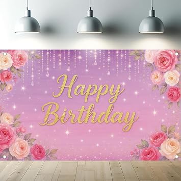 Rose Gold Birthday Backdrop Banner Girls Women Happy Birthday Party Photography Background Pink Floral Glitters Confetti Bday Decoration Photoshoot Photo Booth Supplies 71 x 43 Inch