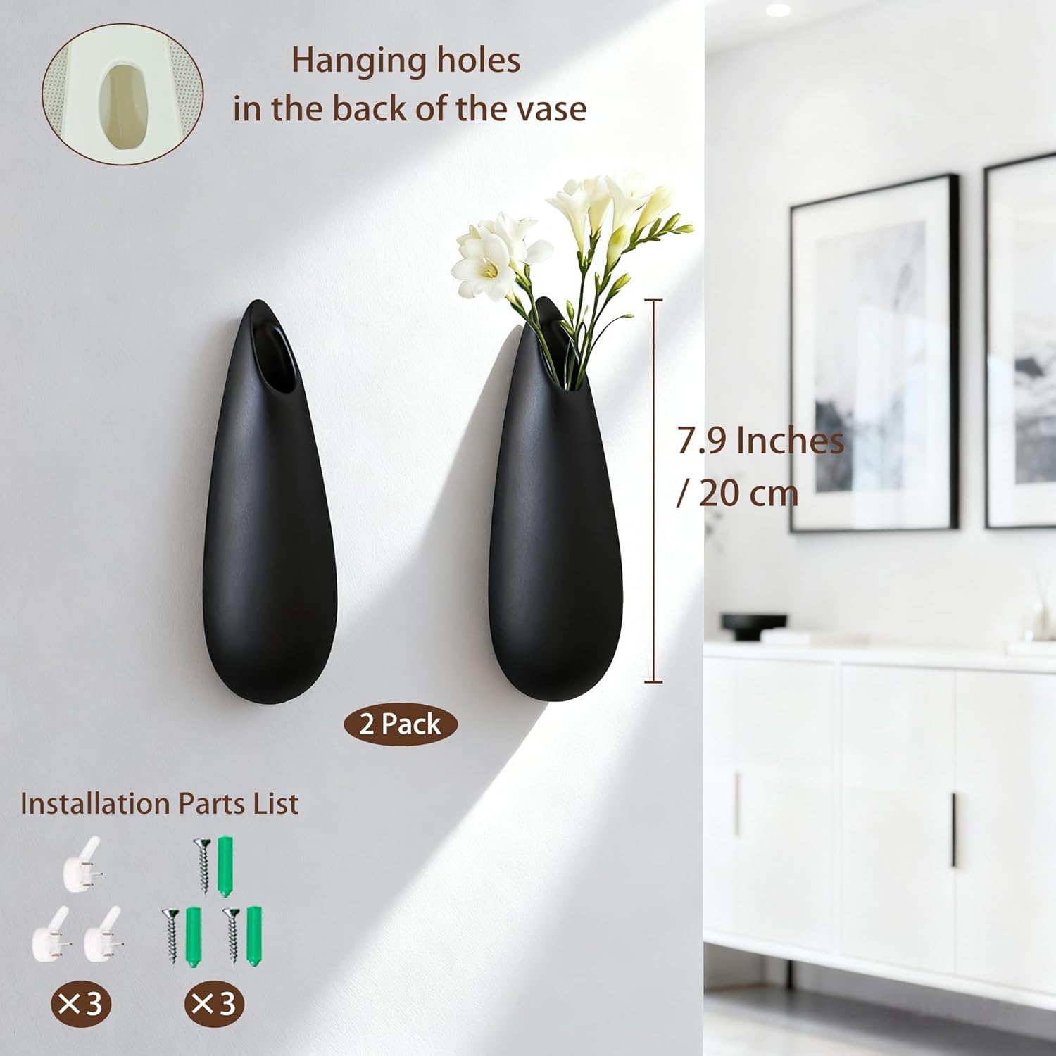 Sculptural Wall Ceramic Vase — 2 Pack Black Hanging Sconce Vase | Turn Flowers into Art — Decorative Ceramic Wall Sconce for Single Stem Displays