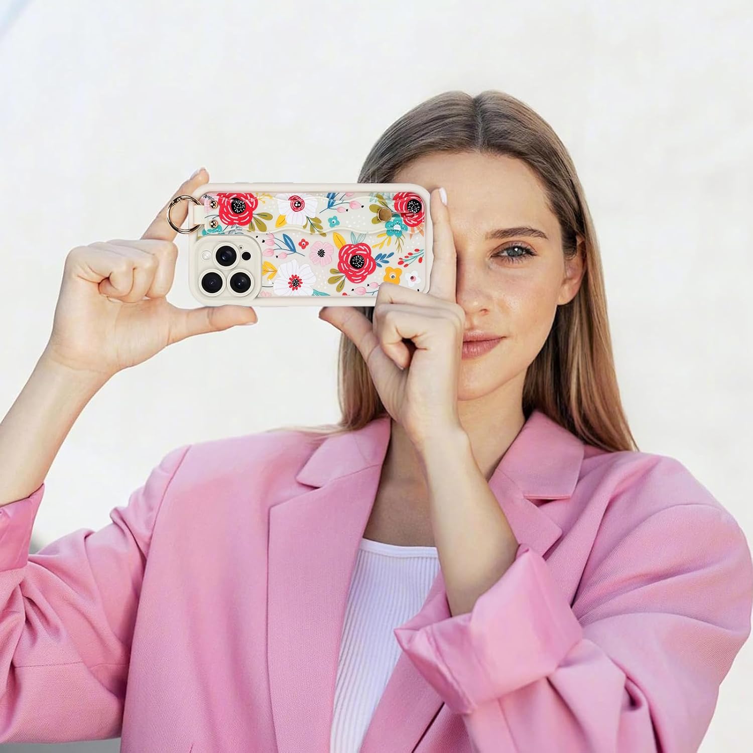 Compatible with iPhone 15 Pro Max Case with Finger Hand Strap for Girls Women, Cute Flowers Floral Phone Case with Wristband Kickstand, Durable Silicone Protective Cover, Blossom - Image 7