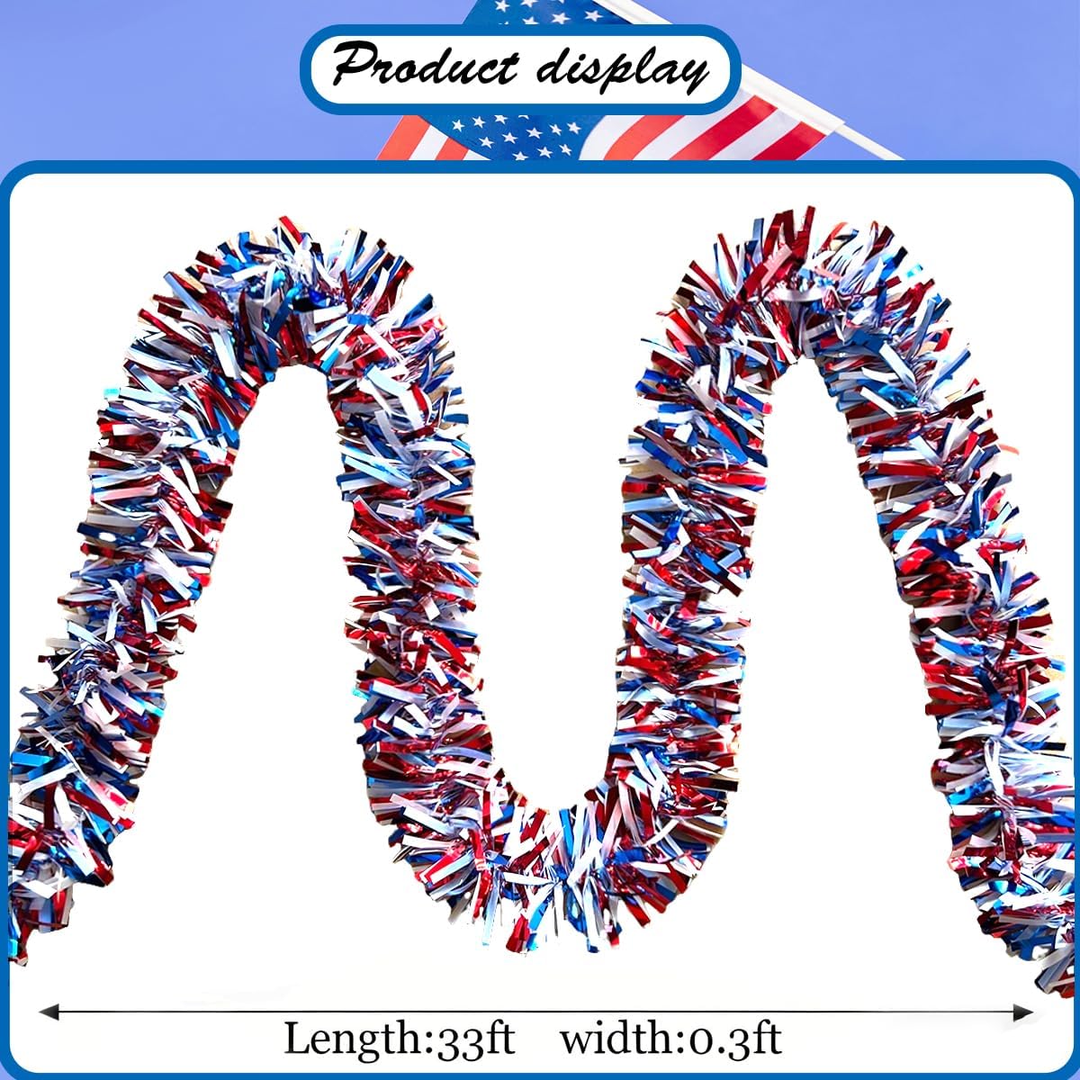 33 Ft 4th of July Tinsel Garland Decorations Glitter Red White and Blue Patriotic Decor Garland for Independence Day Veterans Day Tree Car Parade Float Yard Door Indoor Outdoor Holiday Home