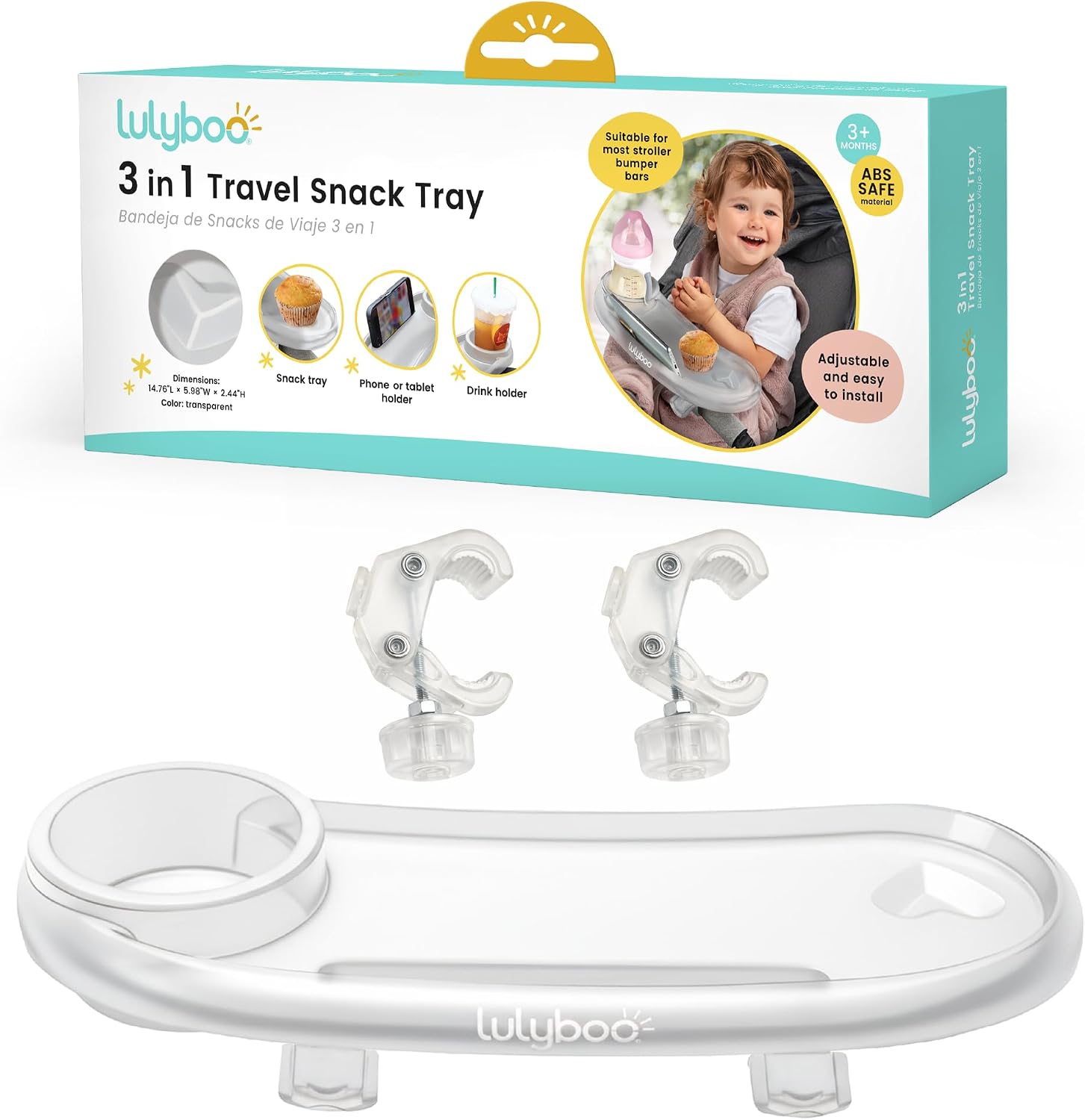 Lulyboo 3-in-1 Travel Snack Tray for Strollers | Durable ABS Material, Clamp Fit Most Bumper Bars, Multi-Function Organizer with Cup Holder & Phone/Tablet Slot, Lightweight Baby Stroller Accessory
