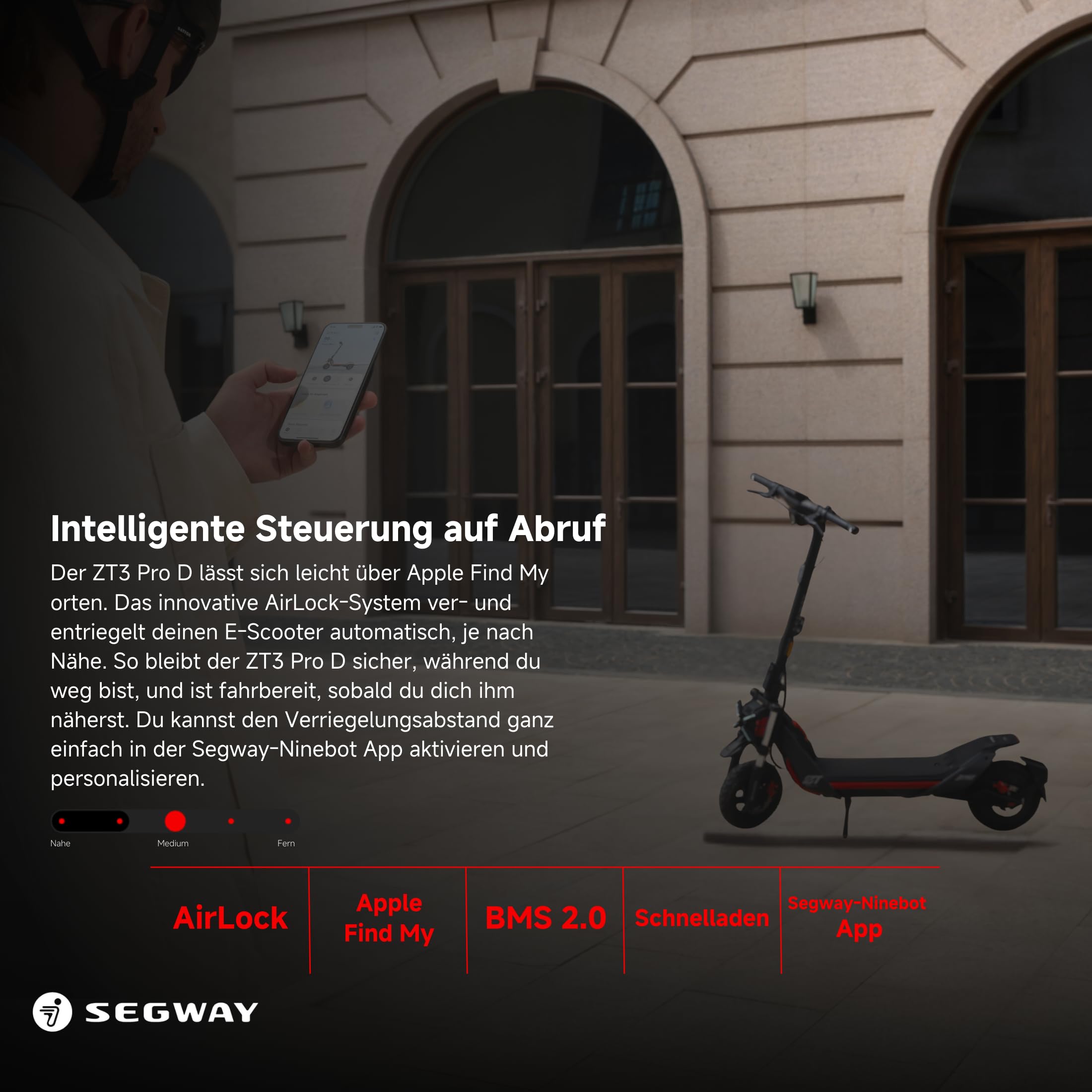 Segway ZT3 Pro D, E-Scooter mit Deutscher Straßenzulassung, 70 km Eco Modus Reichweite, 56km im Sport Modus, Vollfederung, 120 kg Tragkraft, 25% Steigung, Offroad-Reifen, Apple Find My, wasserfest