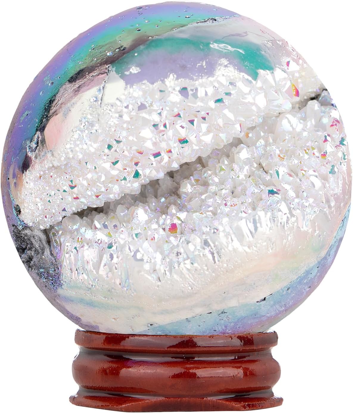 White AB Titanium Coated Geode Stone Sphere with Wooden Stand for Home Decor, Rock Quartz Crystal Ball for Fengshui, Divination, Meditation, 51mm-60mm