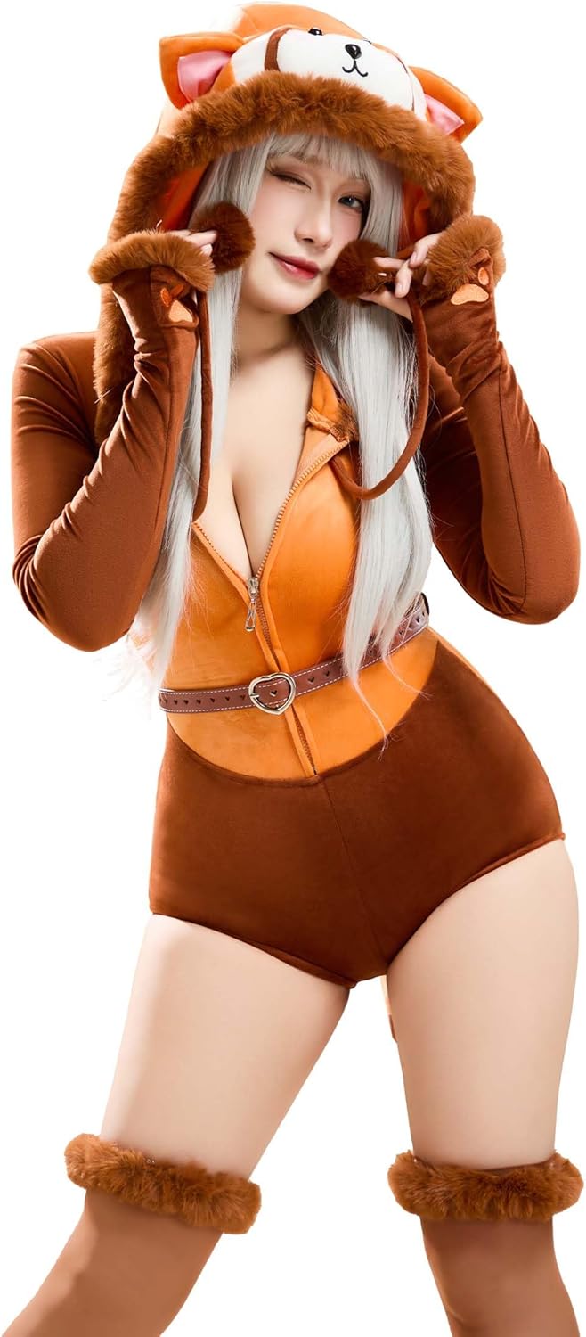 Mobbunny Women Cute Hooded Bodysuit Red Panda Fluffy Romper Fuzzy Onesie Pajama Jumpsuit Halloween Party Costume
