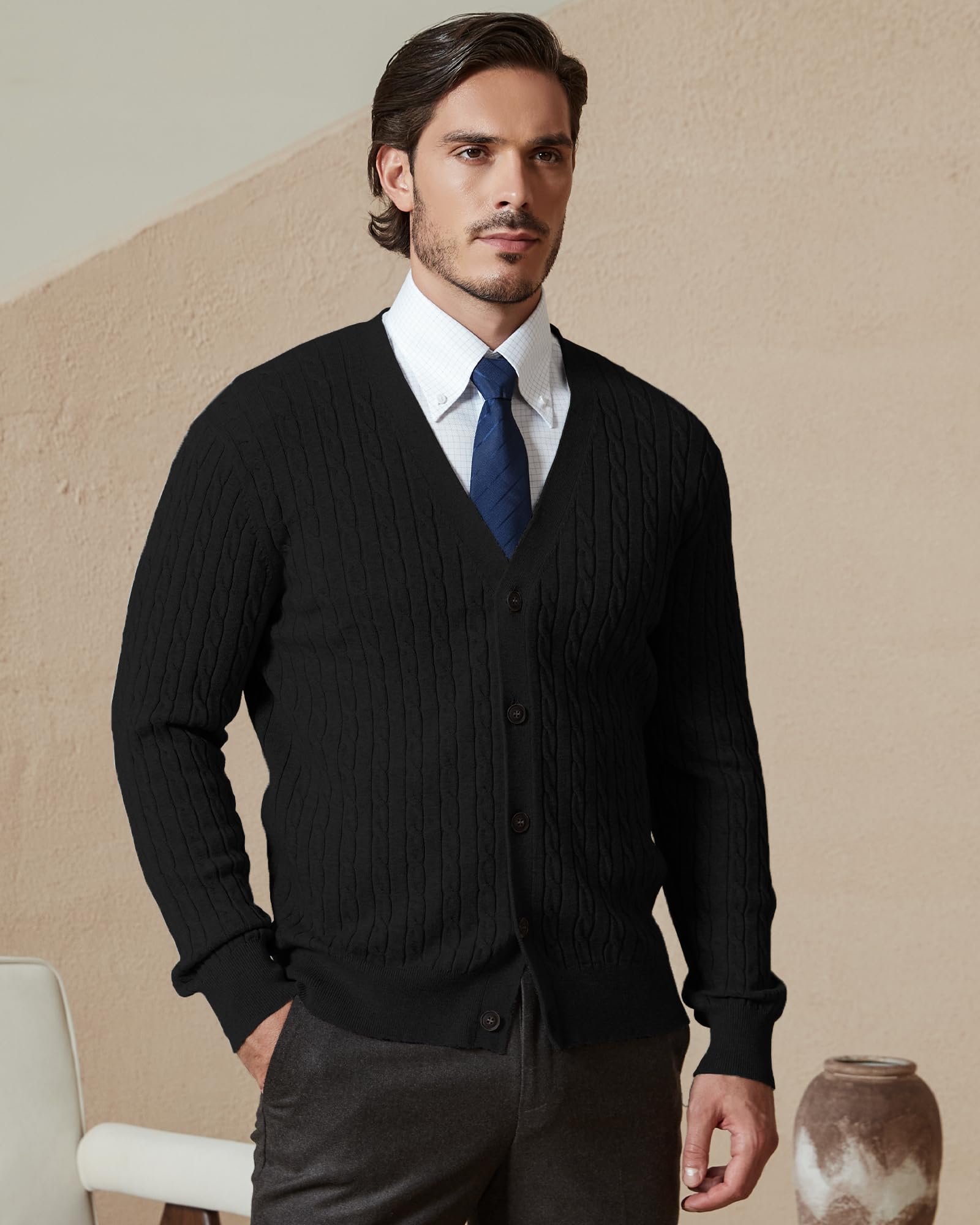 Kallspin Herren 100% Baumwolle V-Ausschnitt Langarm Strickjacke mit Zopfmuster Knöpfen Casual Cardigan Sweater