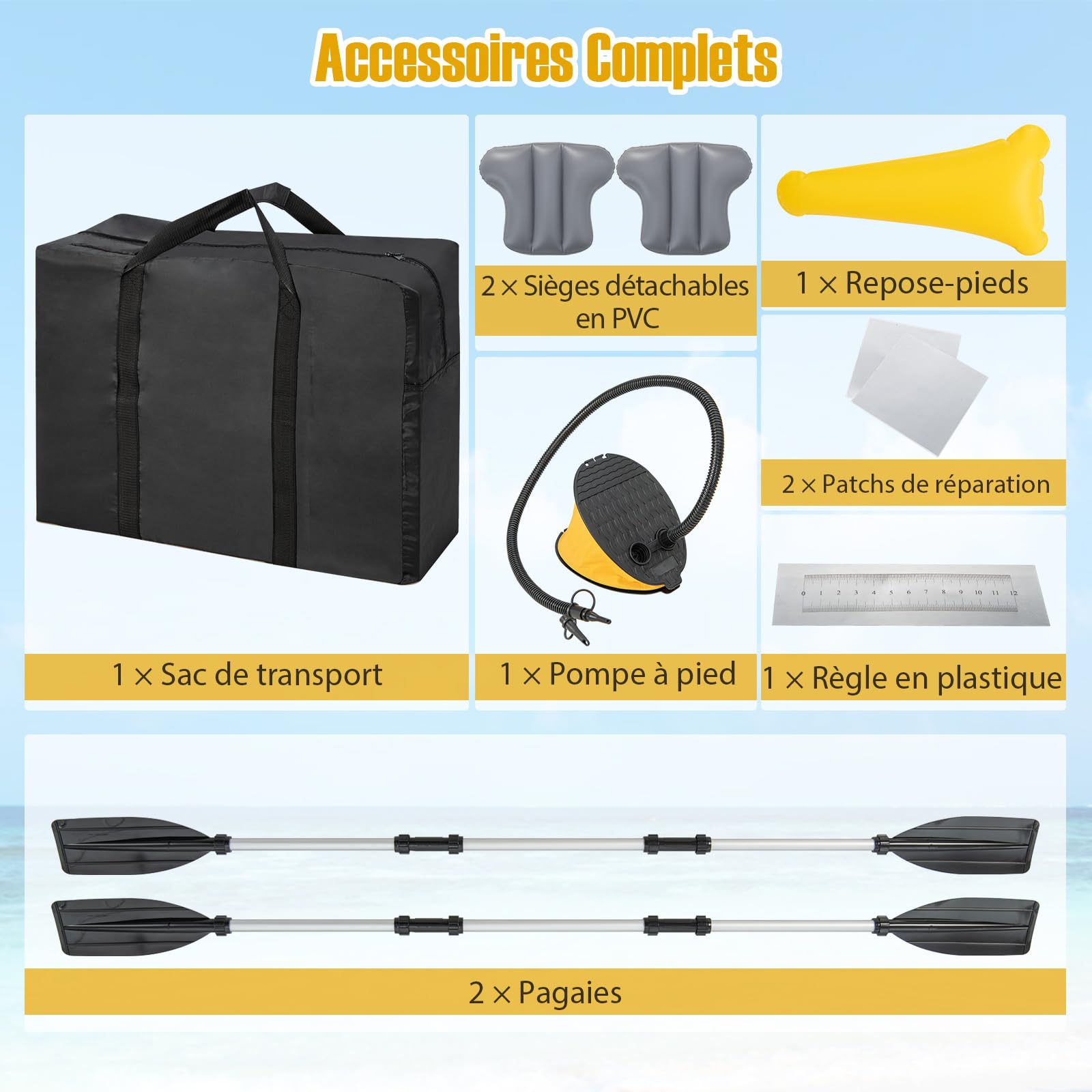 GYMAX Kayak Gonflable pour 2 Personnes avec Sièges Amovibles, 357x80x38cm,Charge 160kg Canoë Gonflable en PVC avec 2 Avirons en Aluminium et Pompe à Pied,Sac de Transport pour Lac Rivière