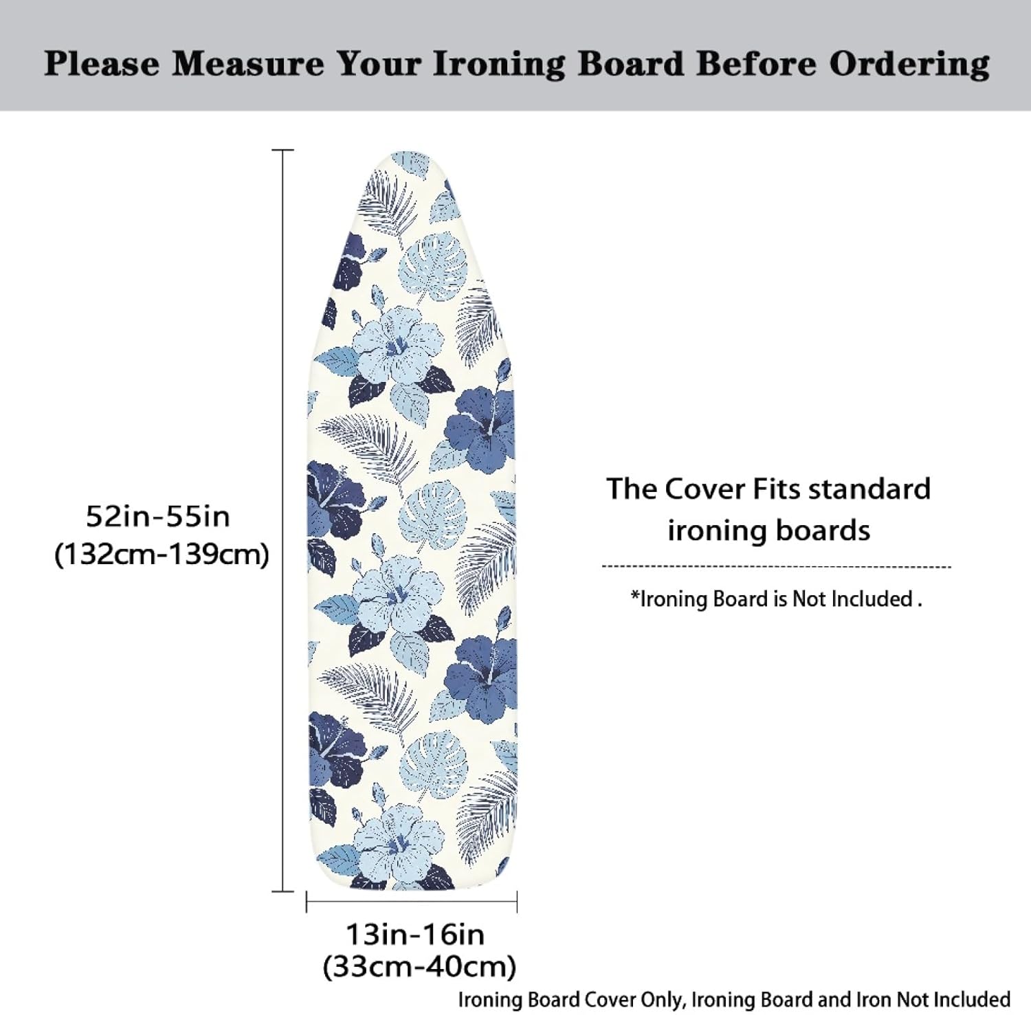 Flowers Ironing Board Cover,16"x55" Standard Ironing Board Cover with Elastic Edge and Hook and Loop Fasteners, Scorch & Stain Resistant, Polyester Home Ironing Board Covers, Floral Water Hue