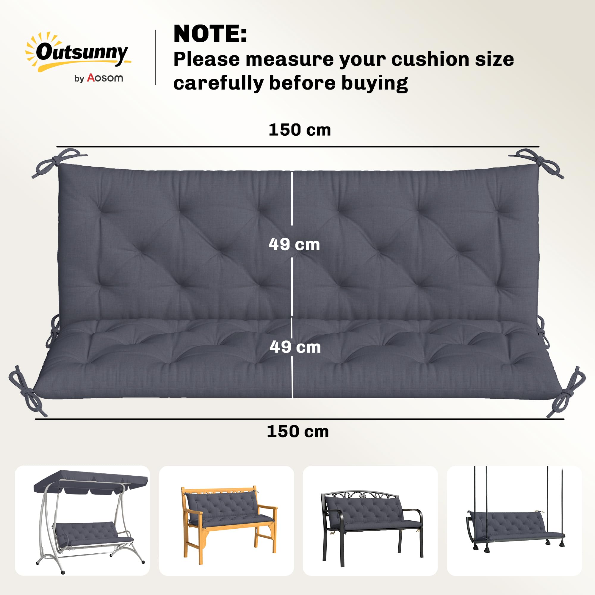 Outsunny Coussin de Banc Matelas Assise Dossier pour Banc de Jardin Coussin balancelle canapé 3 Places Grand Confort 150 x 98 x 8 cm Gris