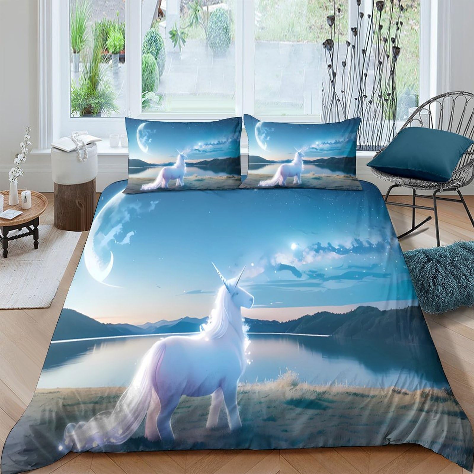 Ctjqhvkz Style-1 3D Printed Magical Unicorn Lake Fitted Sheet Microfiber Soft Decorative Enchanted Meadow Bed Cover For Bedroom Single（135X200cm）
