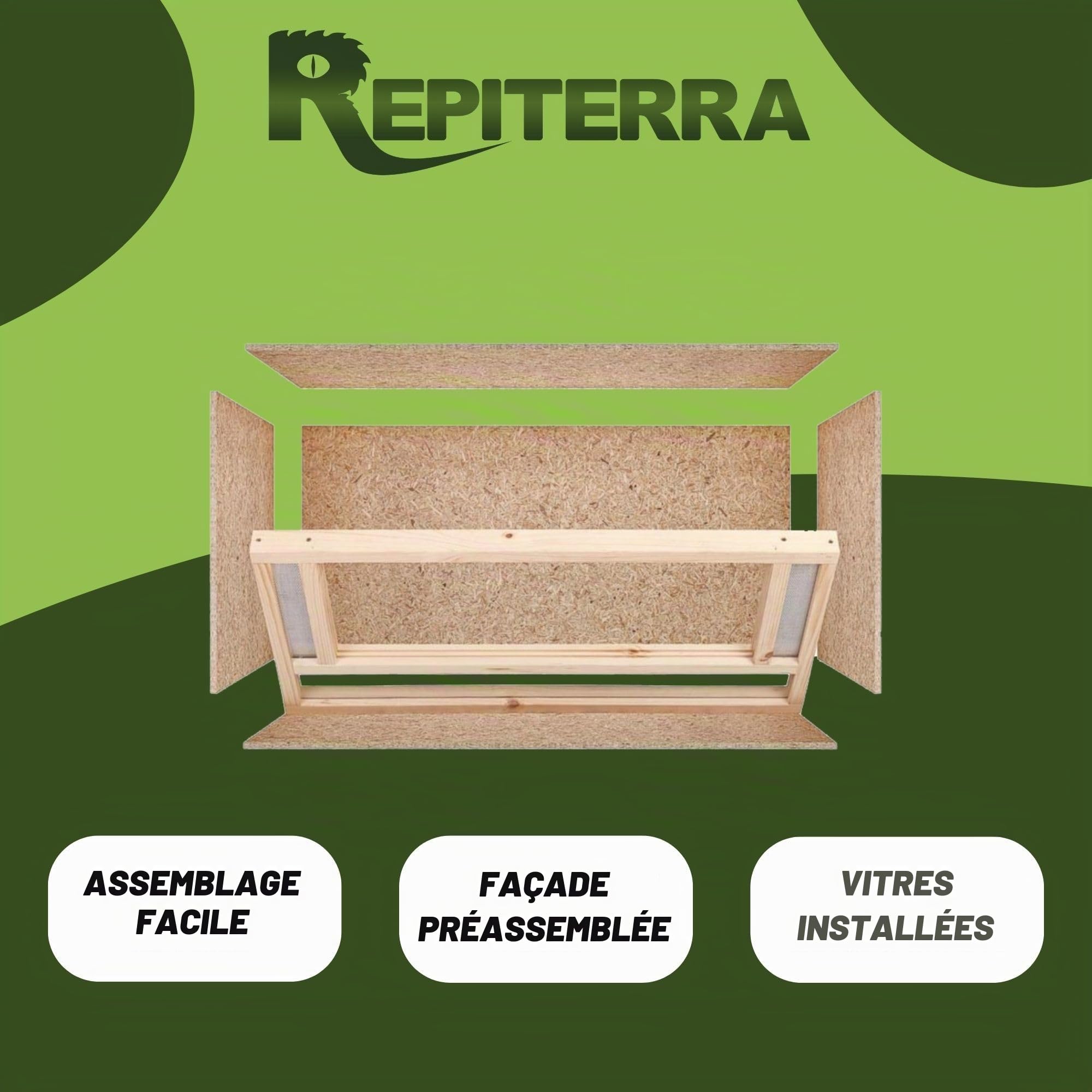 REPITERRA Terrarium Reptiles & Batraciens En Bois OSB, Facile à Monter avec Aération sur la Face Avant - 120x60x60cm