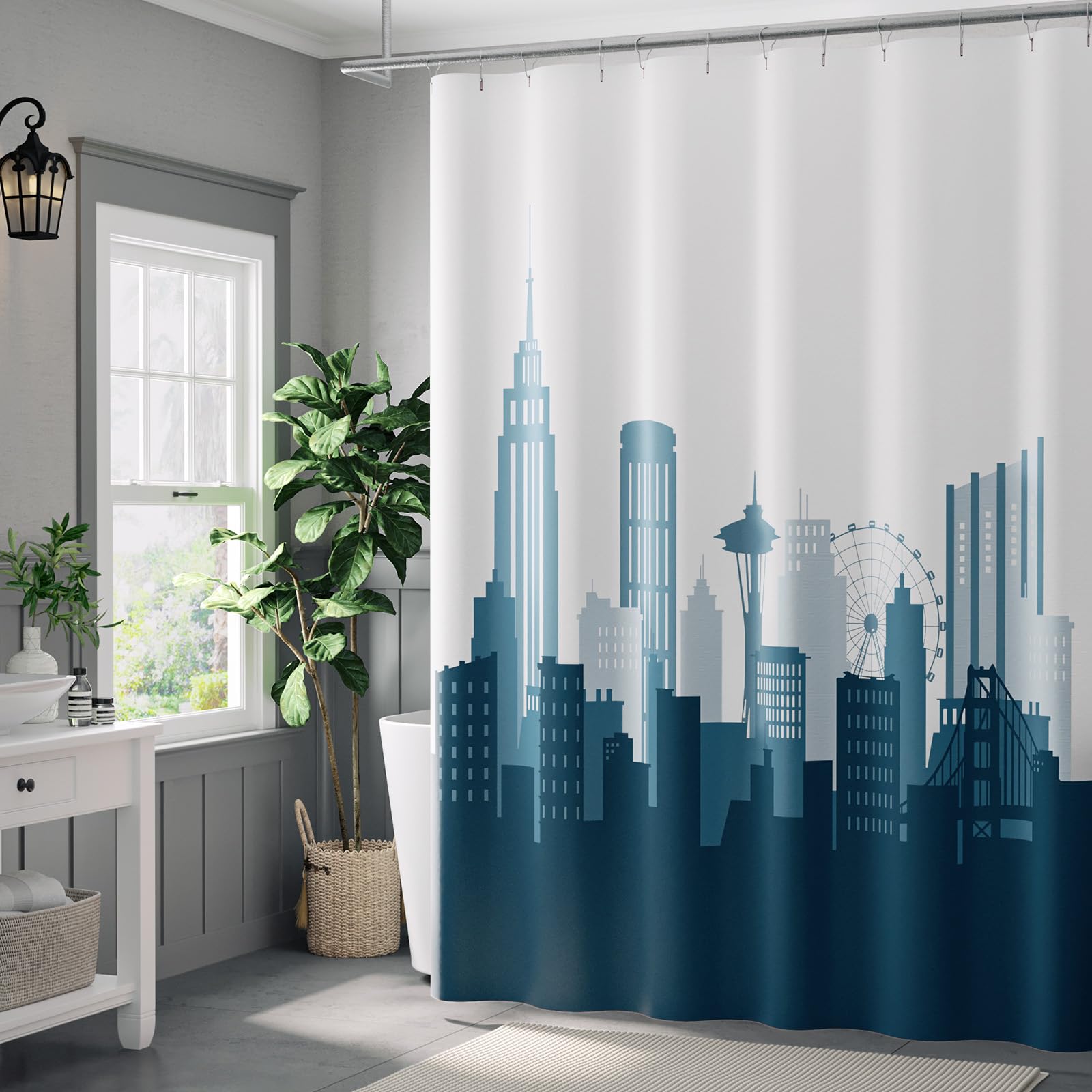 jinchan Navy Blue and White Ombre Shower Curtain City Skyline Unique Design Shower Curtains for Bathroom Modern Luxury Cityscape Waterproof Fabric with 12 Hooks 70x72 Inch