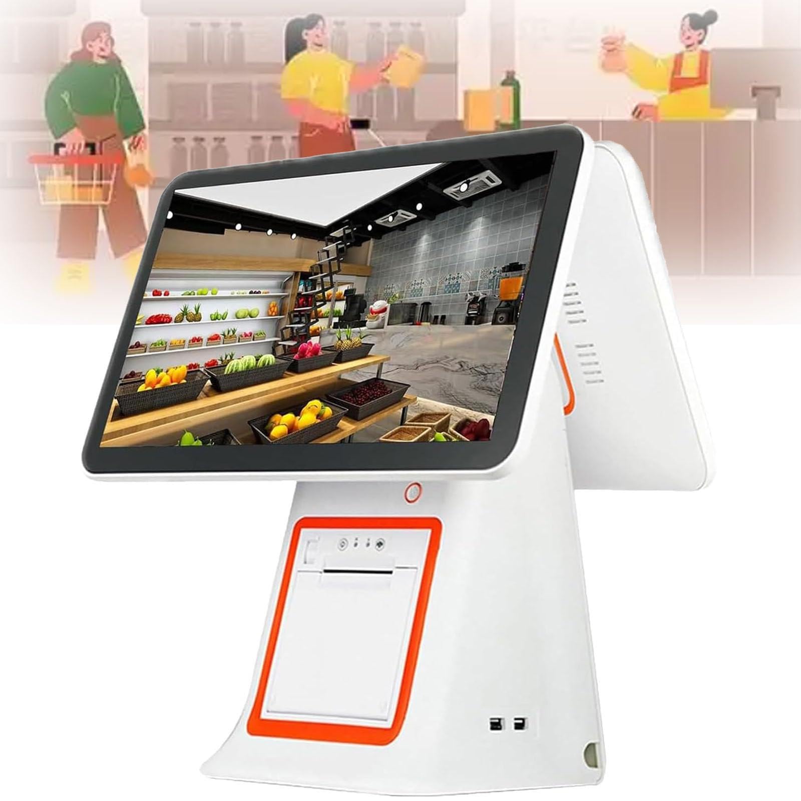 Wszystko w jednym Cash Register z podwójnym monitorem z ekranem dotykowym White | system POS dla małych firm, 4 GB pamięci RAM, 128 GB SSD, drukarka, szuflada na gotówkę i oprogramowanie