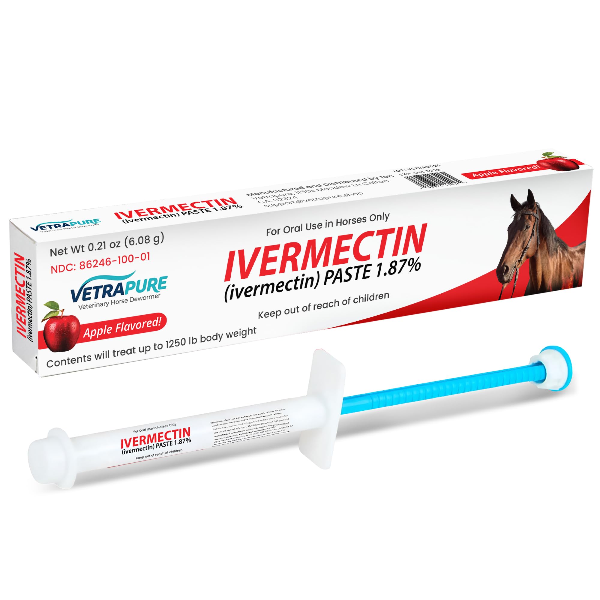 Ivermectin Horse Paste 1.87% Apple Flavored Horse Dewormer, Equine Wormer Paste, Horse Wormer, 6.08g Tube, Treats Up to 1,250 lbs Each (1 Pack)