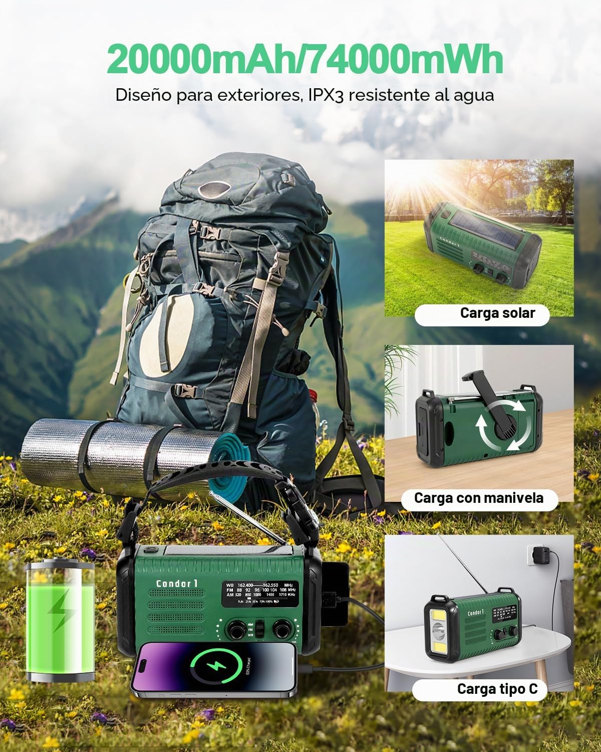 Radio Kurbel de 20000 mAh, radio de notificación solar portátil con amplificador AM/FM, alarma SOS, lámpara de luz LED y lámpara de bolsillo, notificación de caída (Verde militar)