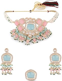 ZAVERI PEARLS Turquoise Blue & Pink Kundan Stones & Beads Choker Necklace Earring & Ring Set For Women-ZPFK16582 Price In India